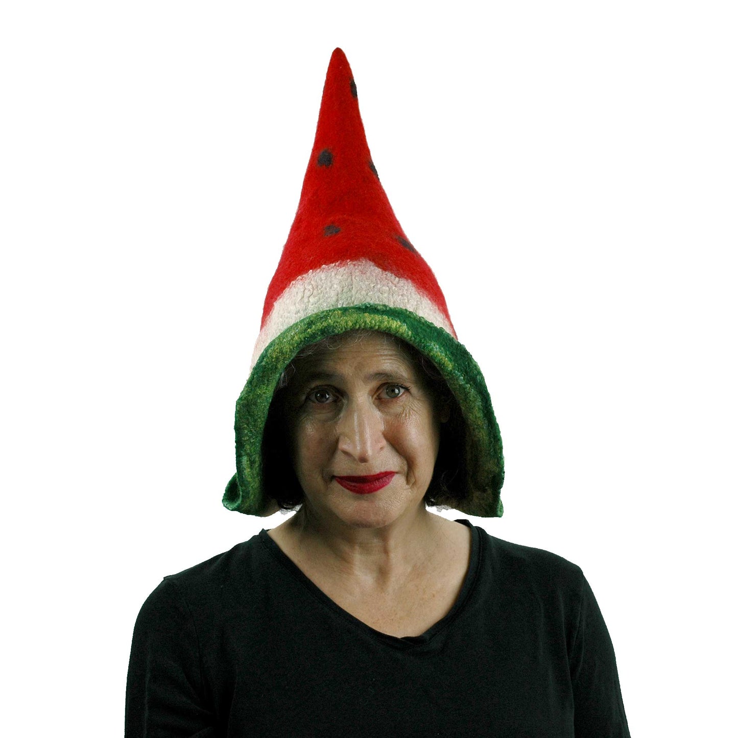 Red and Green Watermelon Pixie Hood - front view