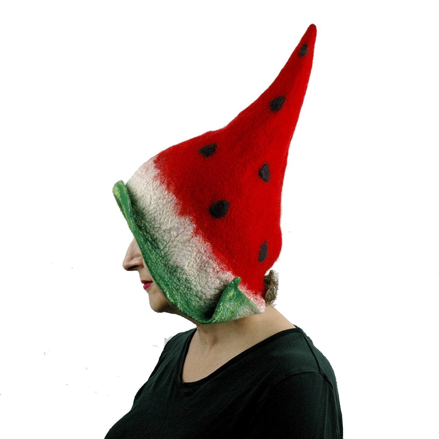 Red and Green Watermelon Pixie Hood - side view