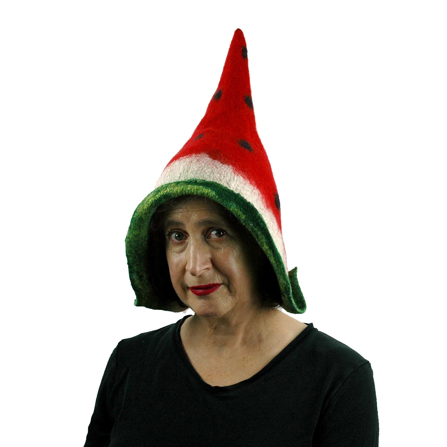 Red and Green Watermelon Pixie Hood - three quarters view