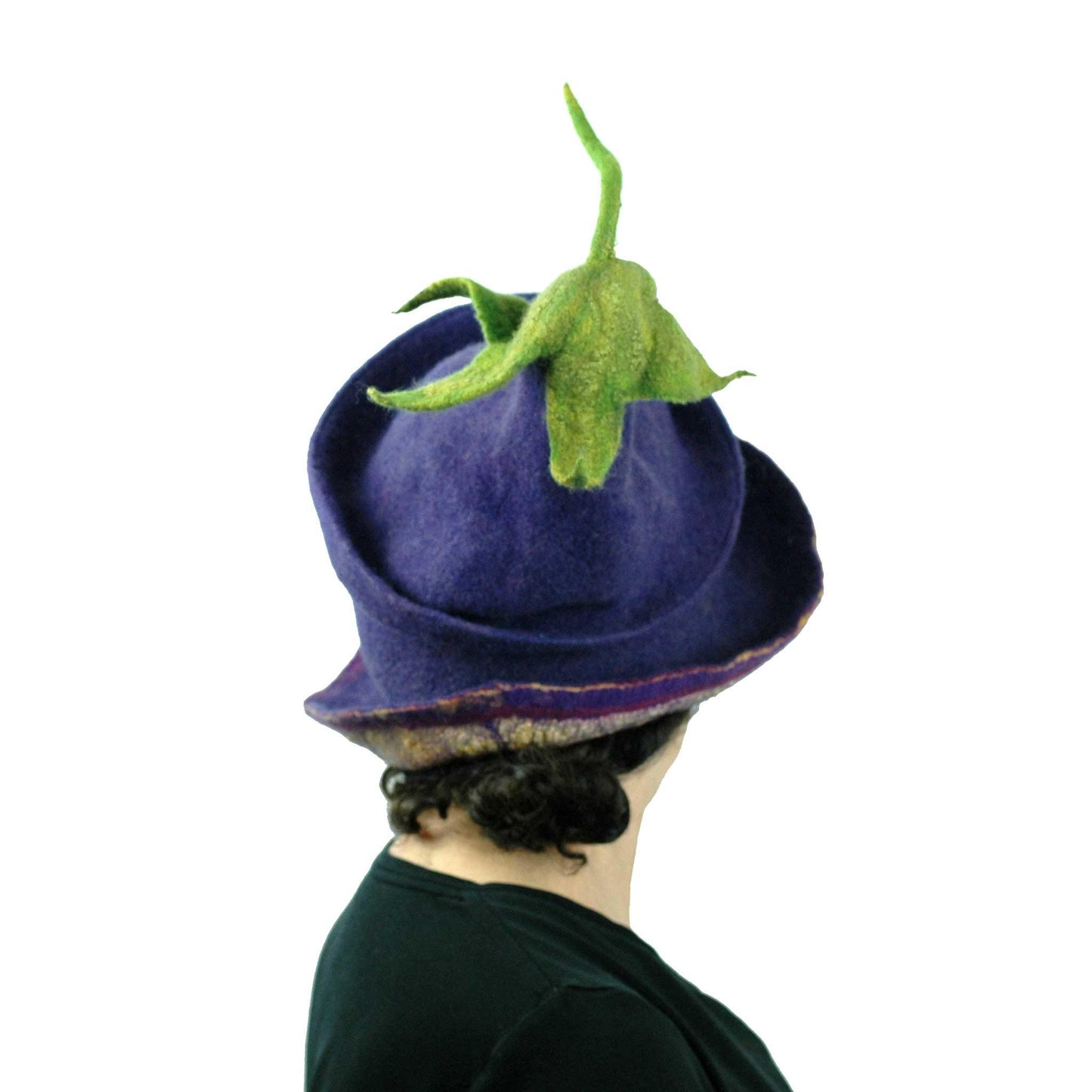 Whimsical Felted Eggplant Hat with Wide Brim - back view