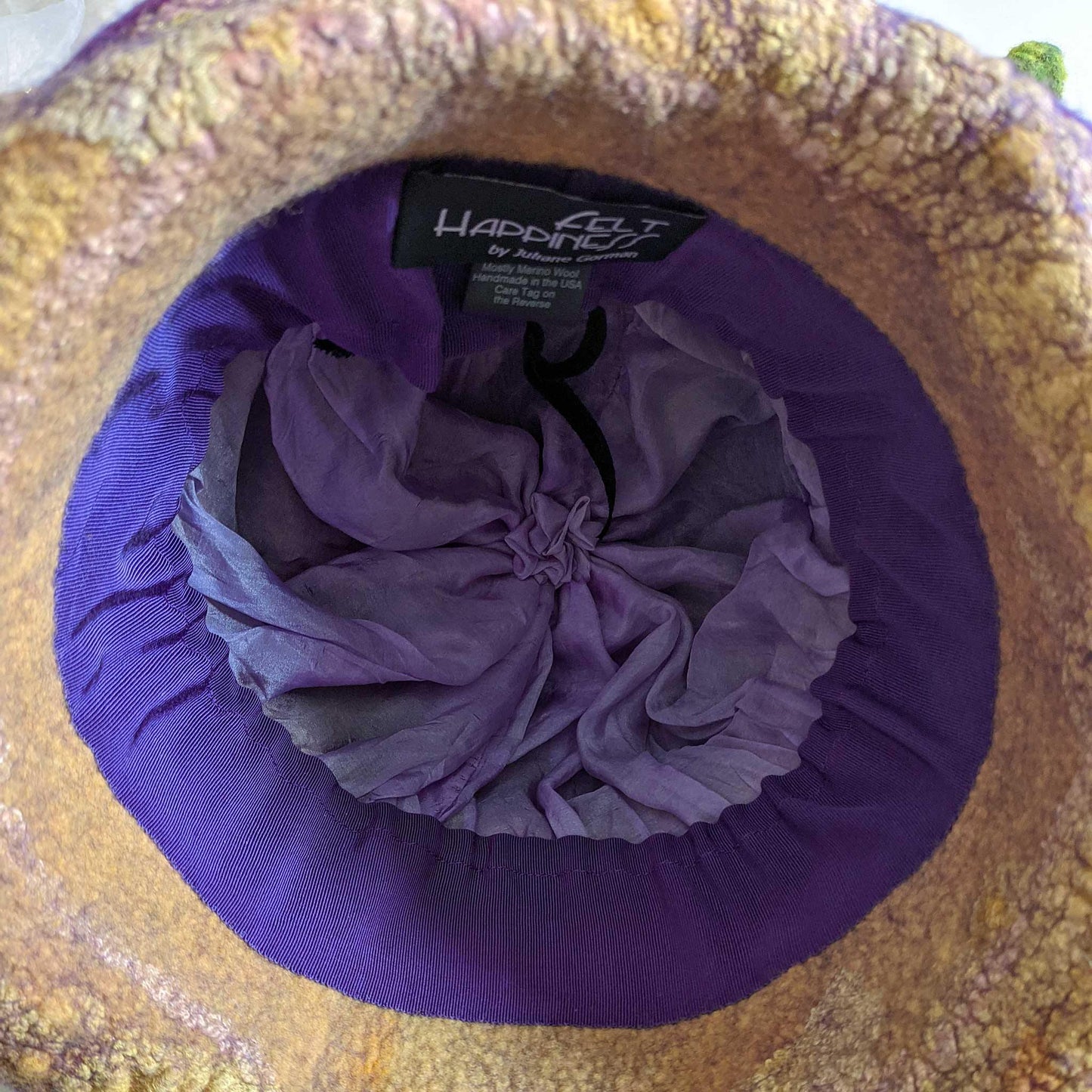 Whimsical Felted Eggplant Hat with Wide Brim - interior