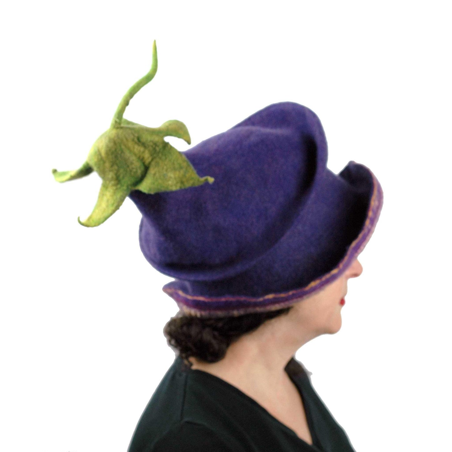 Whimsical Felted Eggplant Hat with Wide Brim - side view