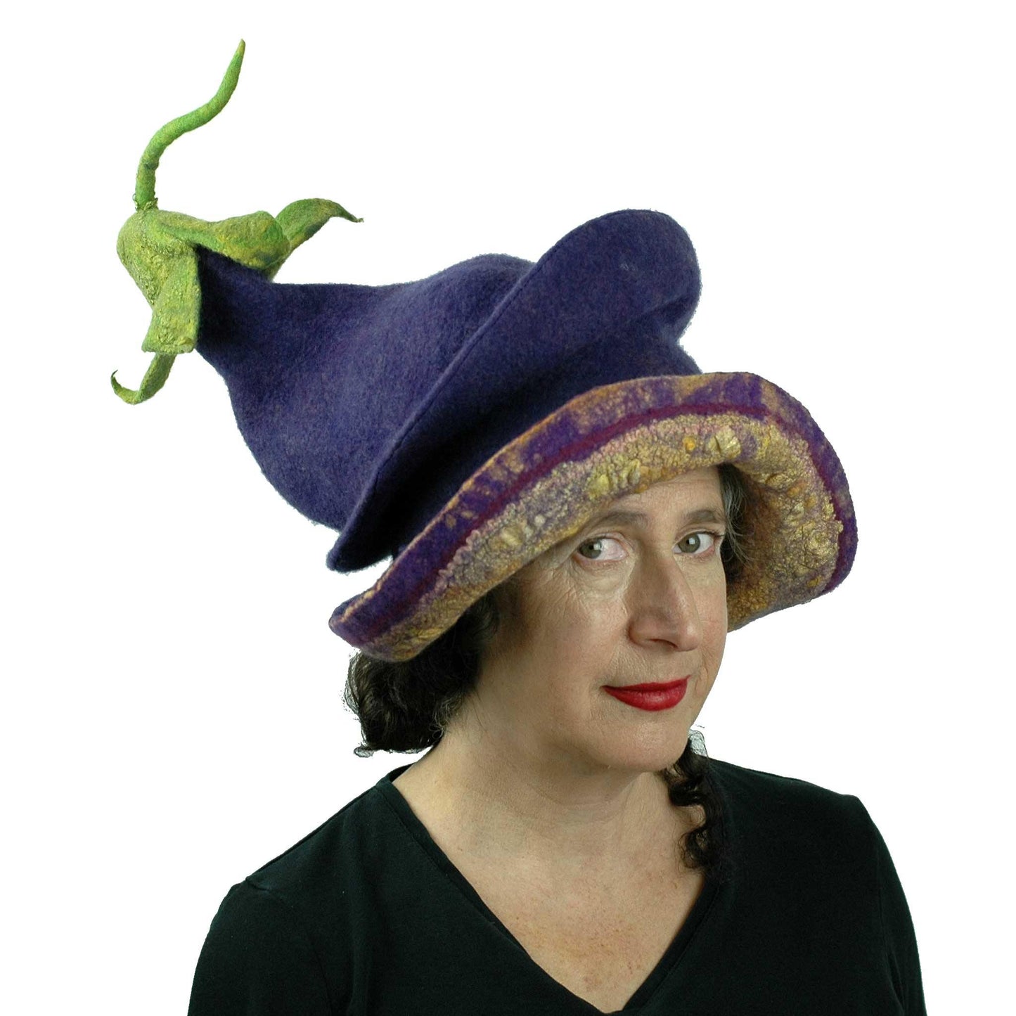 Whimsical Felted Eggplant Hat with Wide Brim - threequarters view