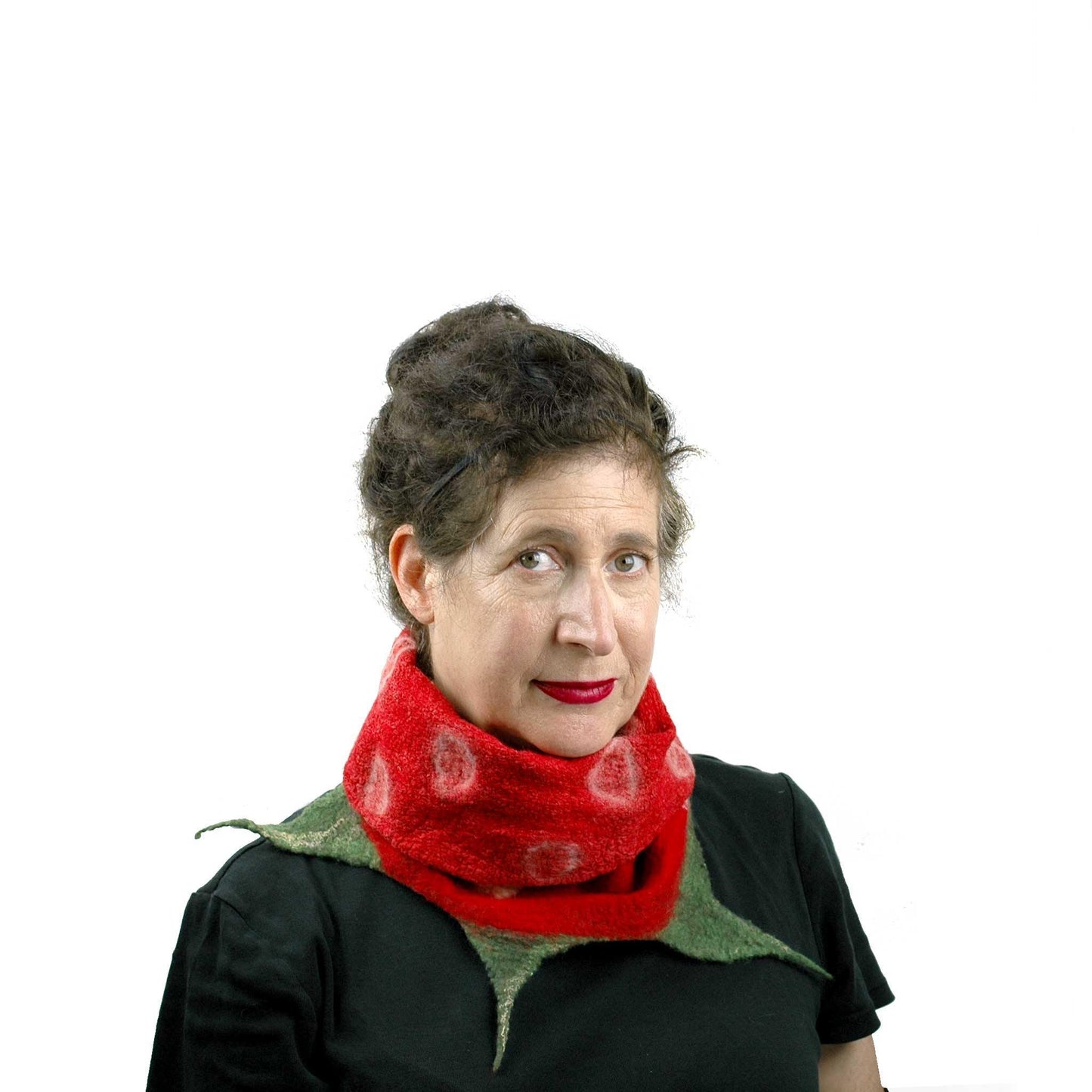 Whimsical Red Strawberry Neck Warmer with Green Leaves with inside folded over.