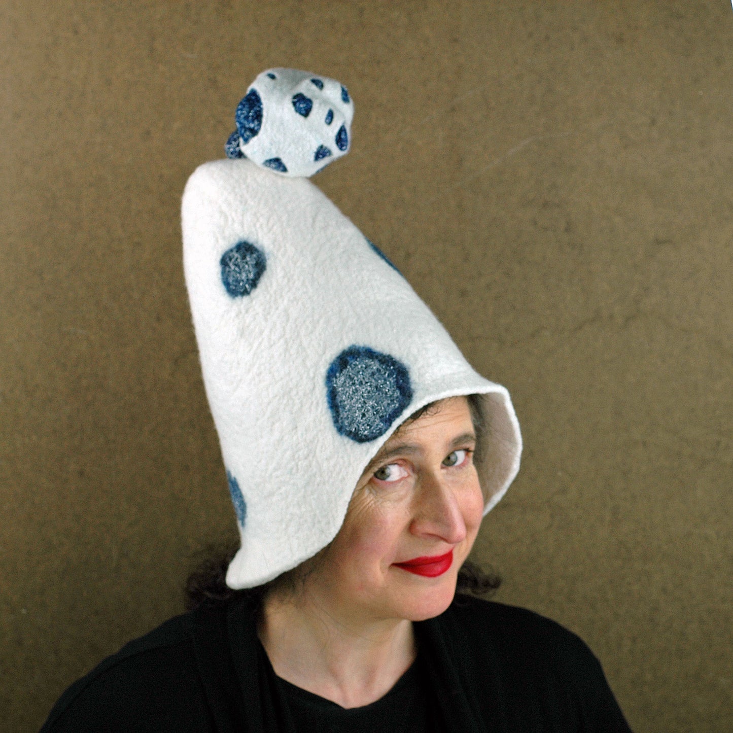 White Mushroom Hat with Blue Polka Dots