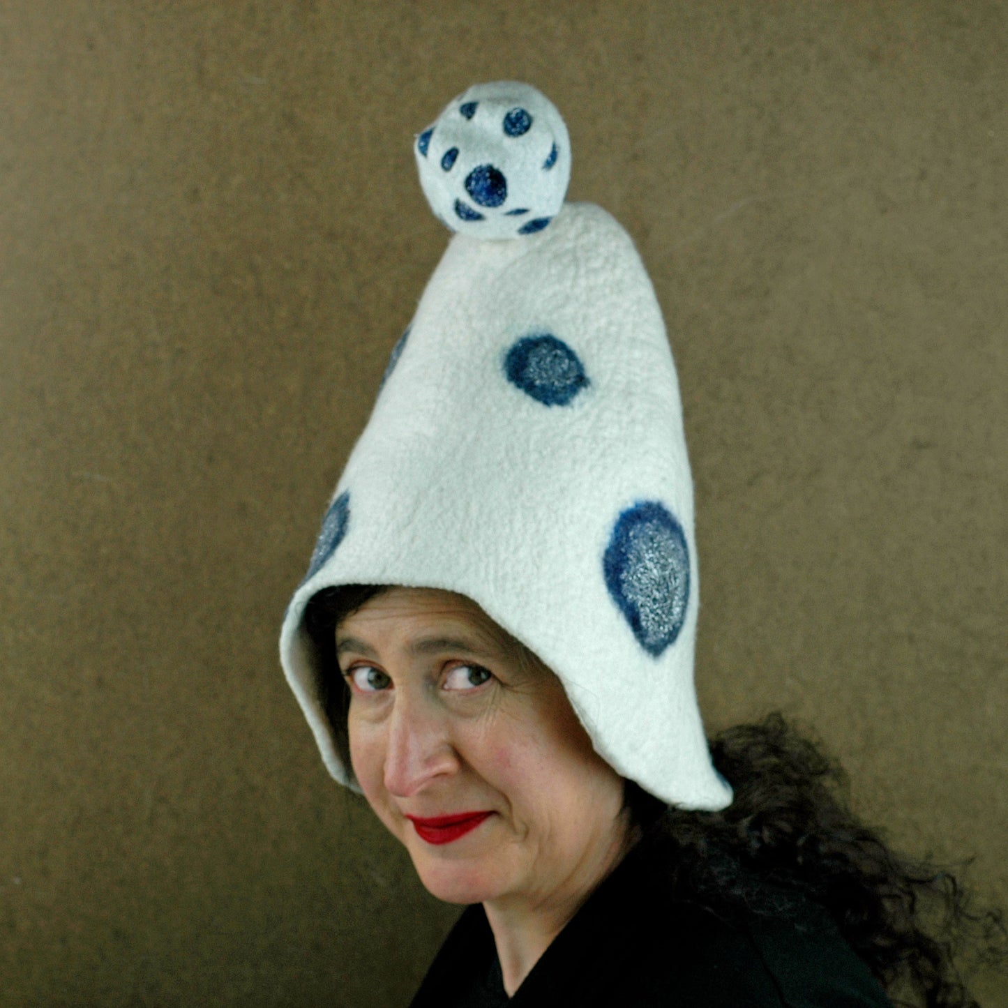 White Mushroom Hat with Blue Polka Dots - three quarters view