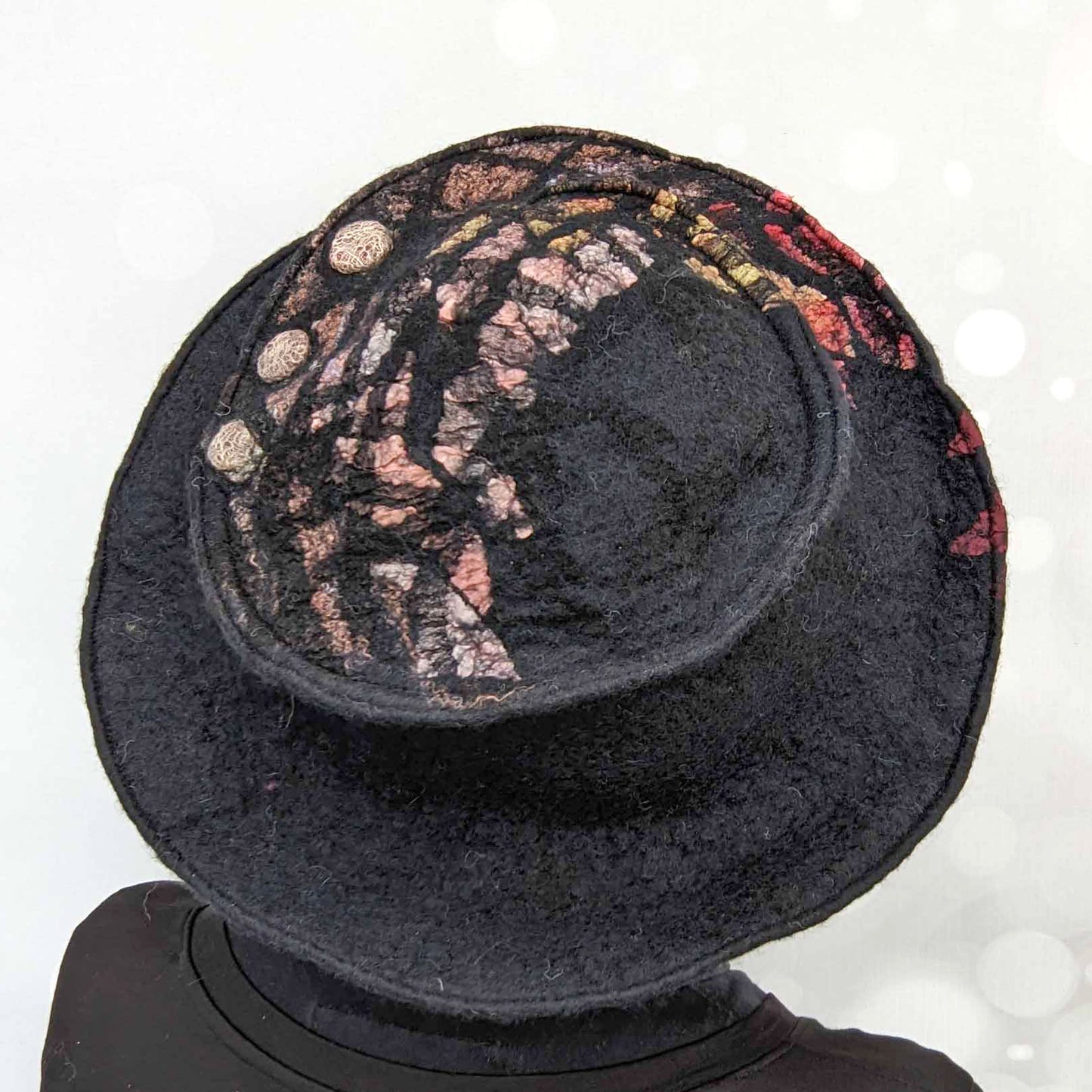 Wide Brimmed Black Hat with Stained Glass Inspired Decoration -backview