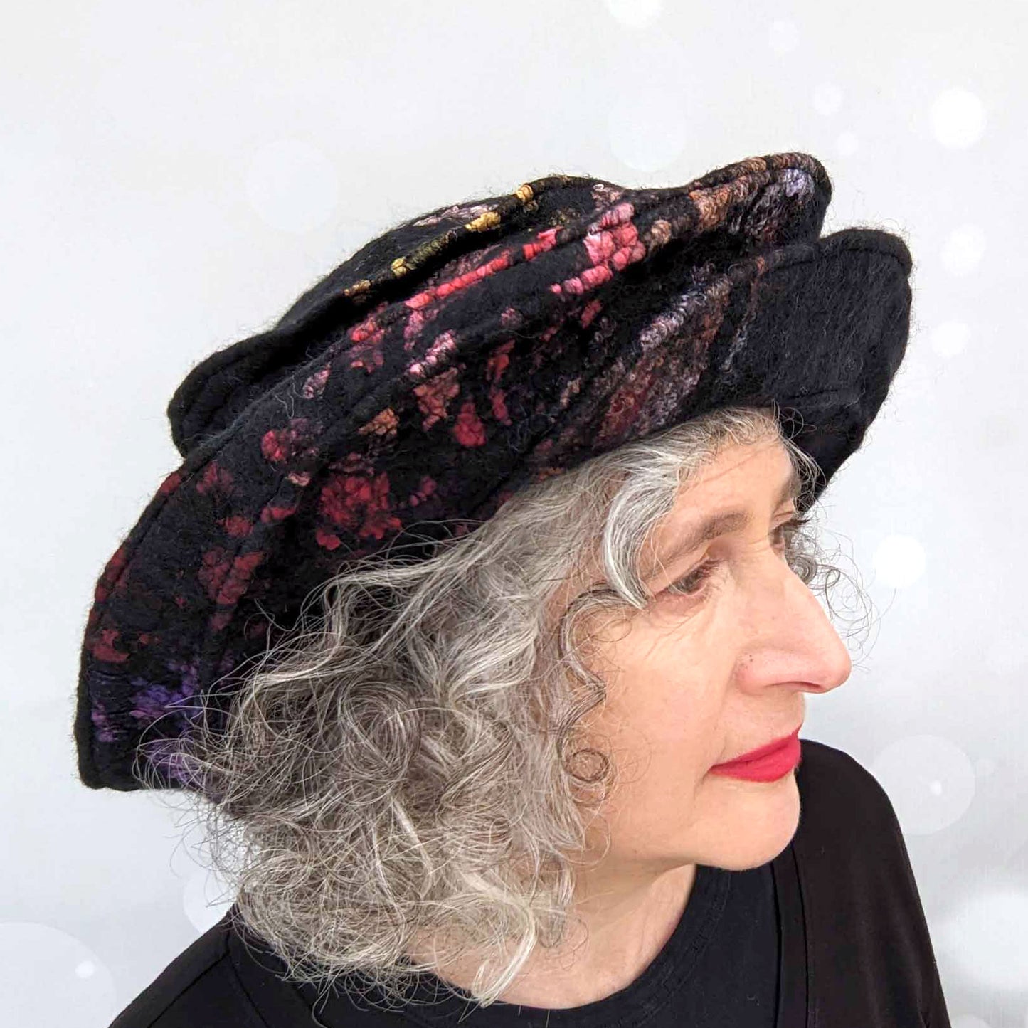 Wide Brimmed Black Hat with Stained Glass Inspired Decoration -sideview
