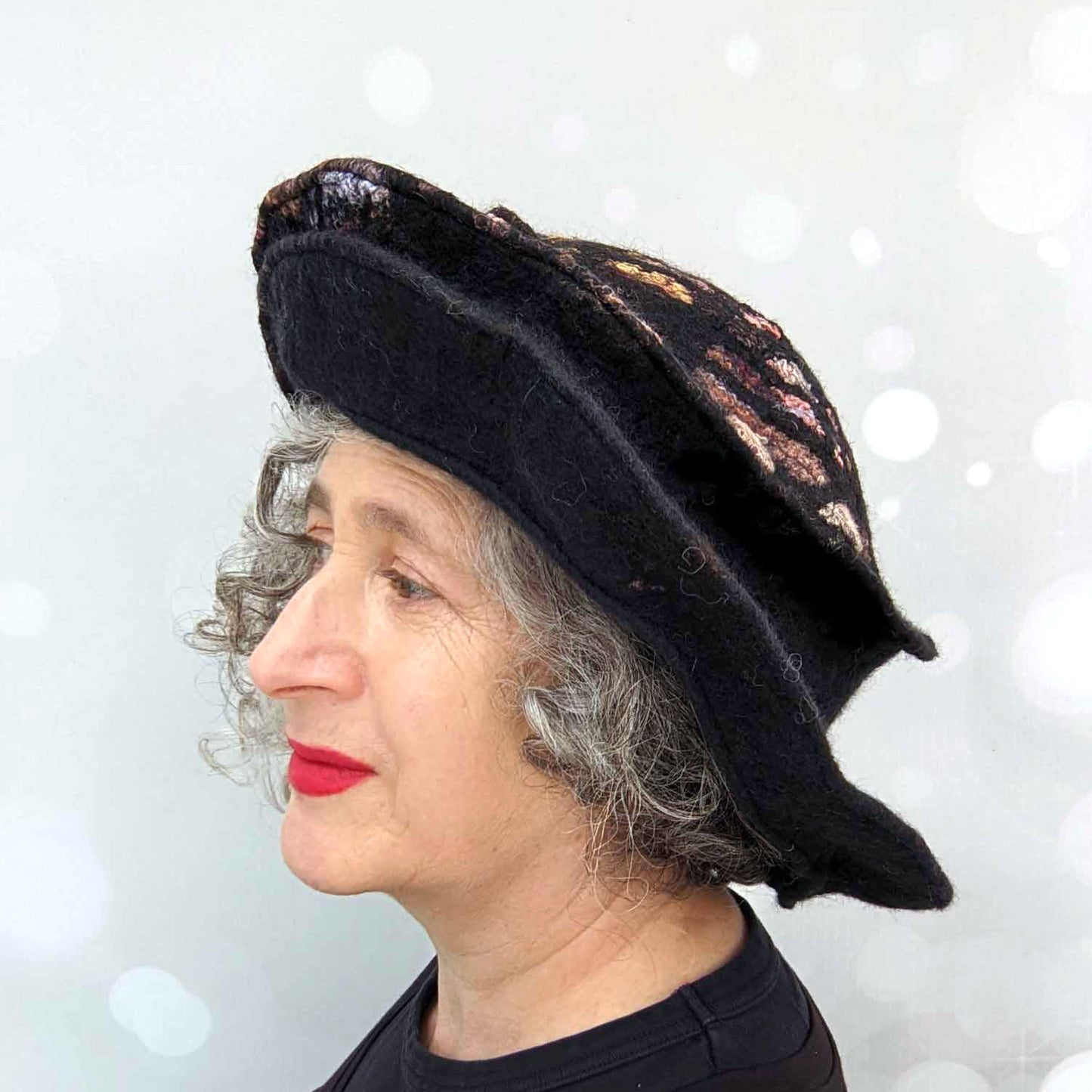 Wide Brimmed Black Hat with Stained Glass Inspired Decoration -sideview