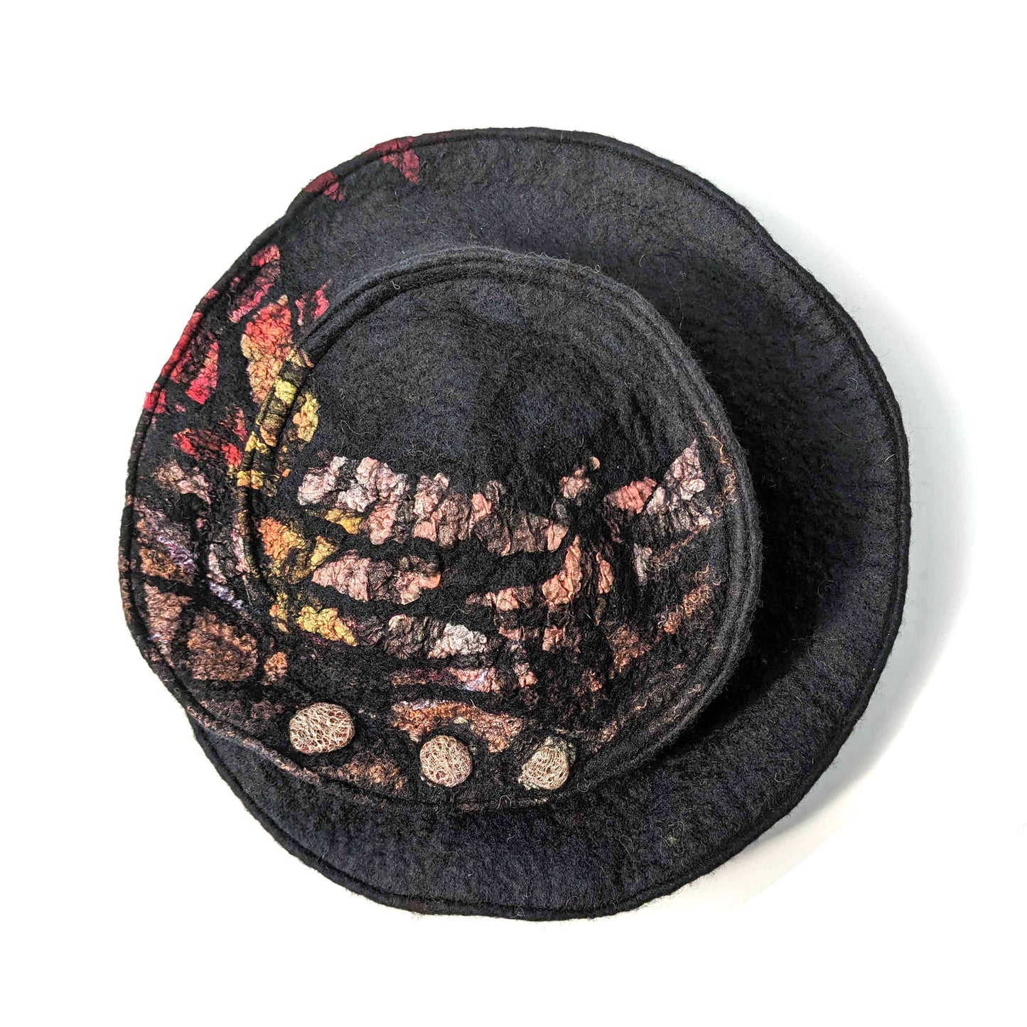 Wide Brimmed Black Hat with Stained Glass Inspired Decoration -topview