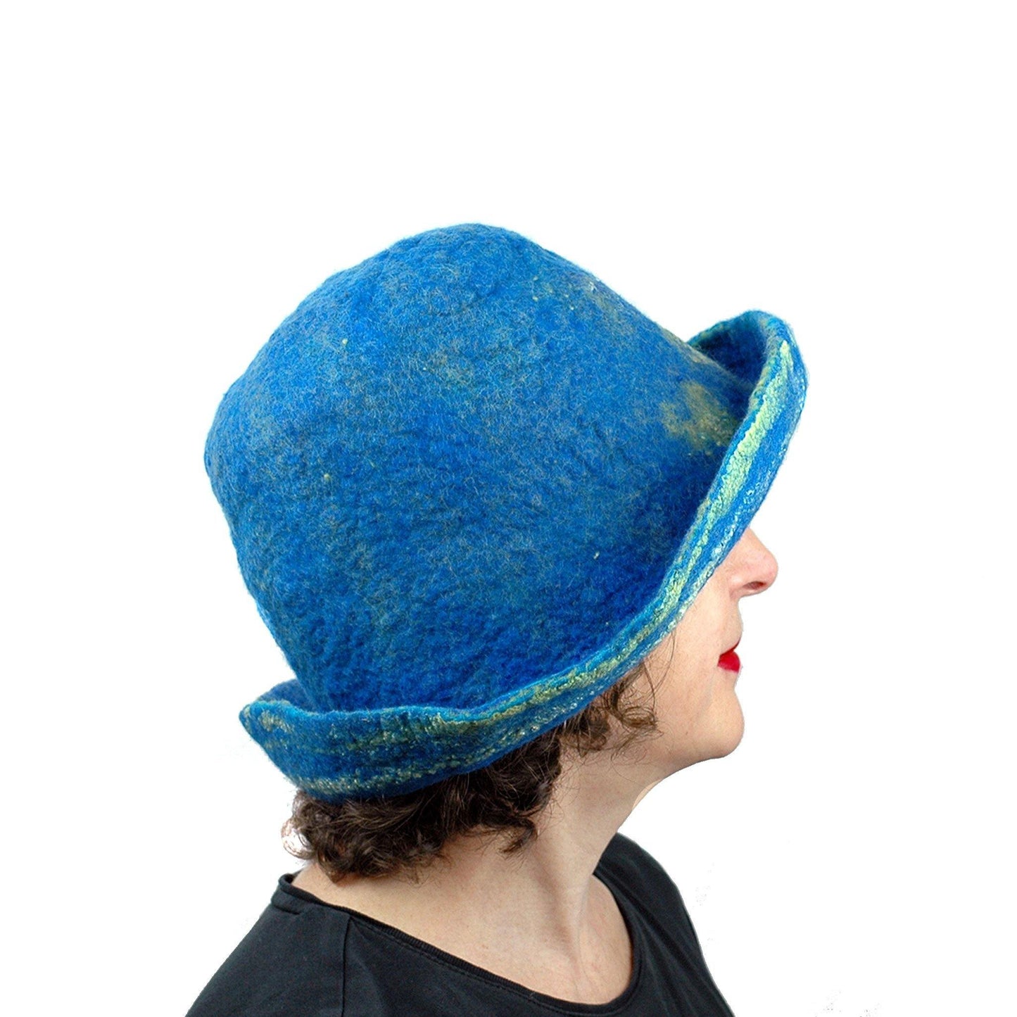 Wide Brimmed Blue and Yellow Starry Night Felted Hat - side view