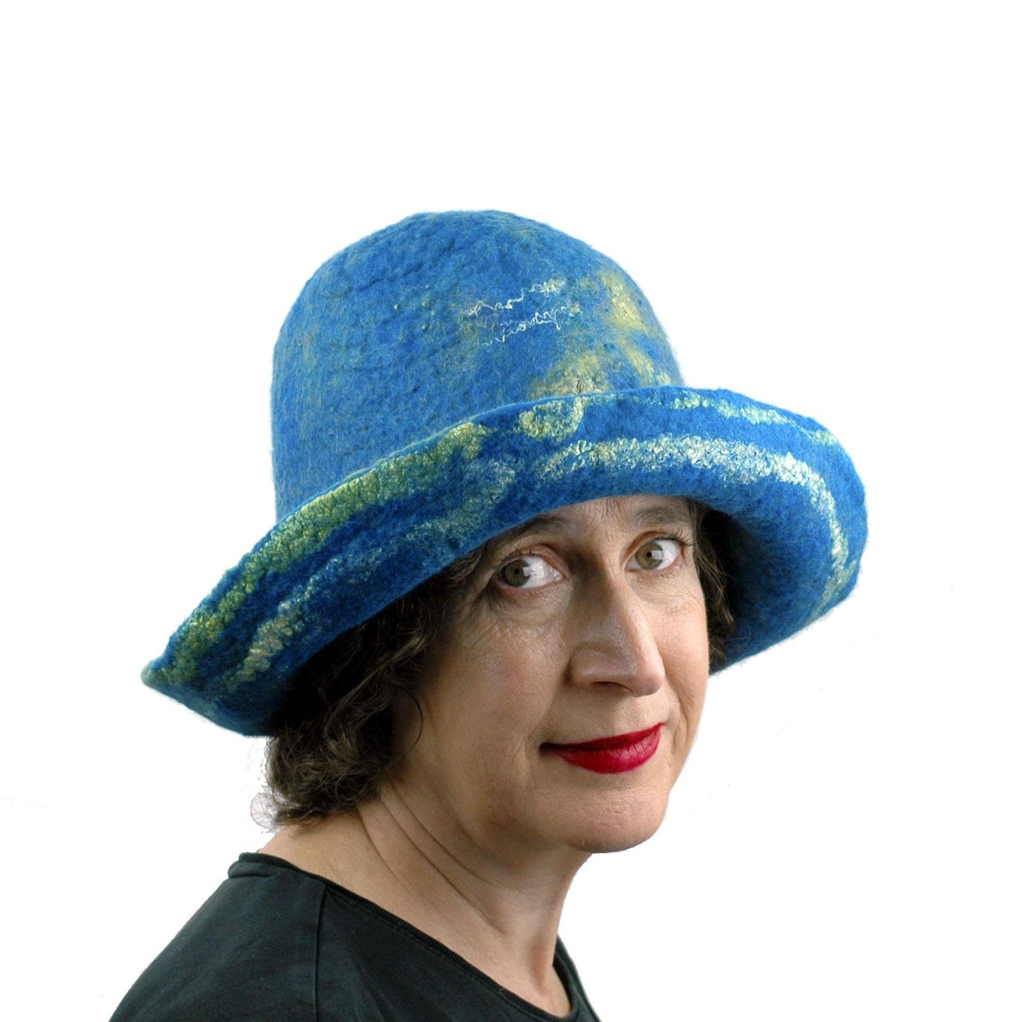 Wide Brimmed Blue and Yellow Starry Night Felted Hat - three quarters view