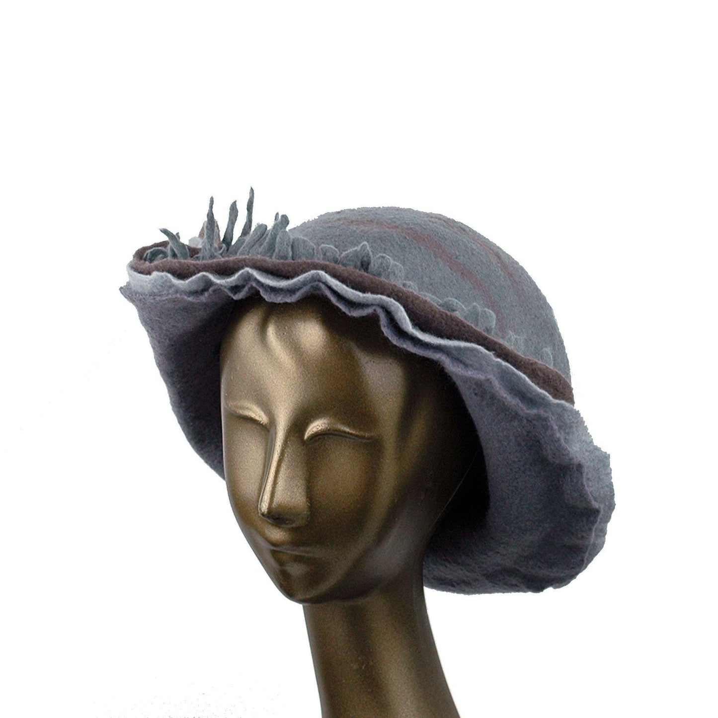 Wide Brimmed Felted Hat with Fringe in Neutral Colors - three quarters view