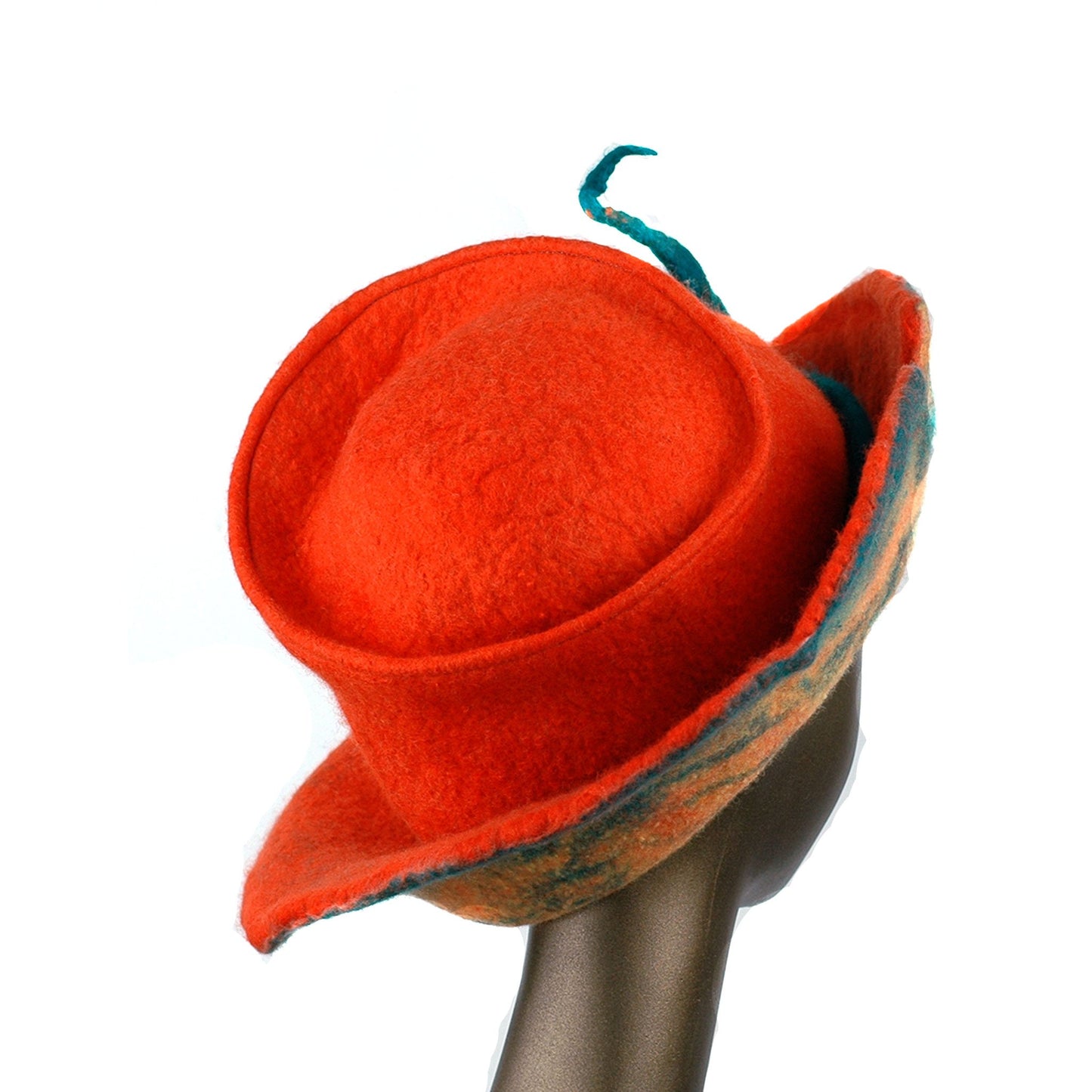 Wide Brimmed Orange Felted Hat with Peapod - back view