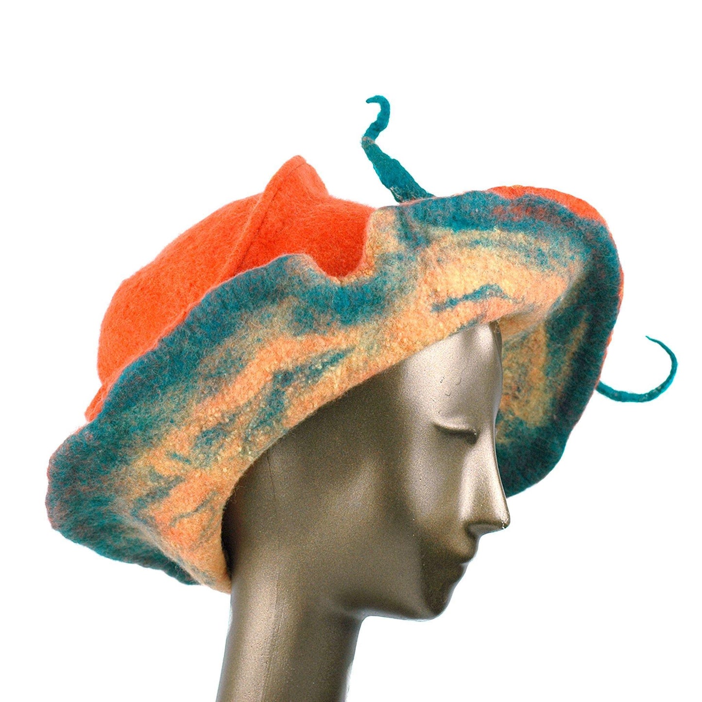 Wide Brimmed Orange Felted Hat with Peapod - three quarters view