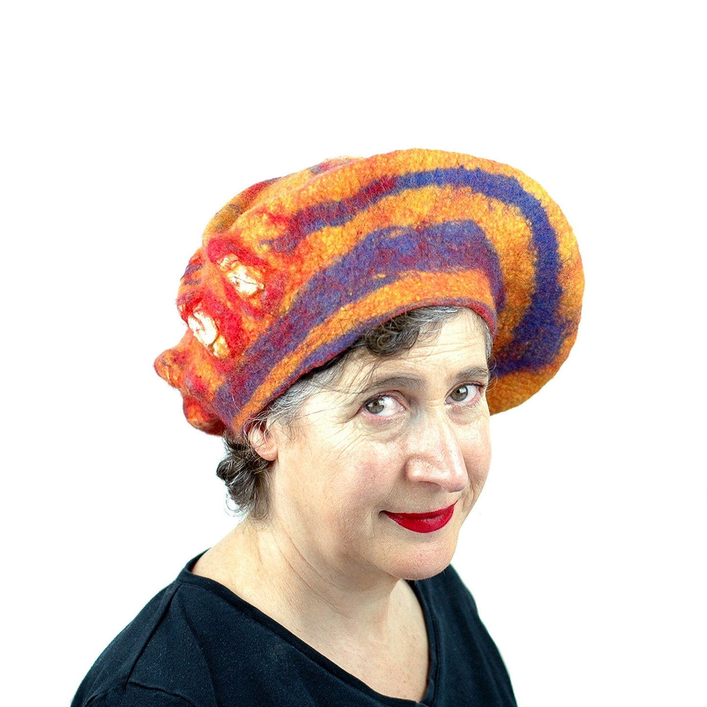Circus-Style Yellow, Red and Blue Striped Beret - three quarters view