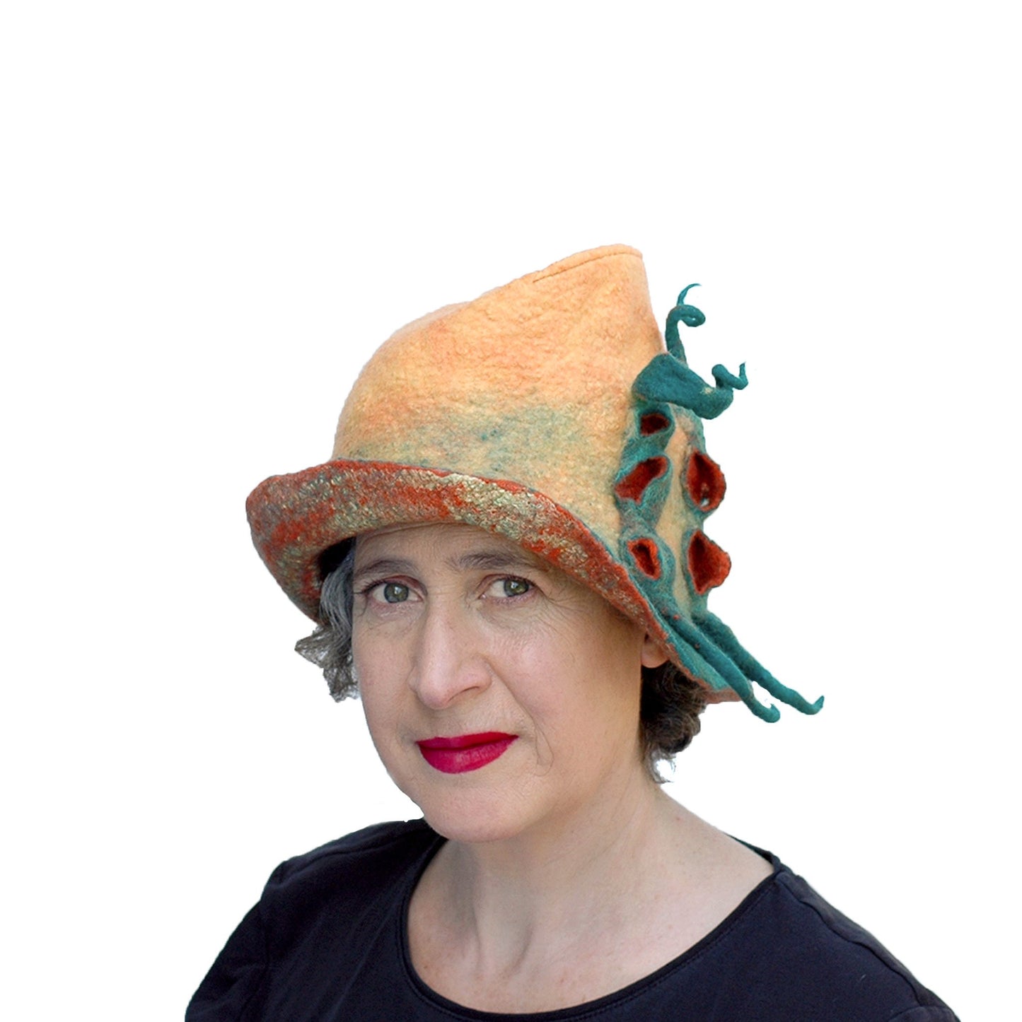 Yellow Fedora with Green Peapods- three quarters view