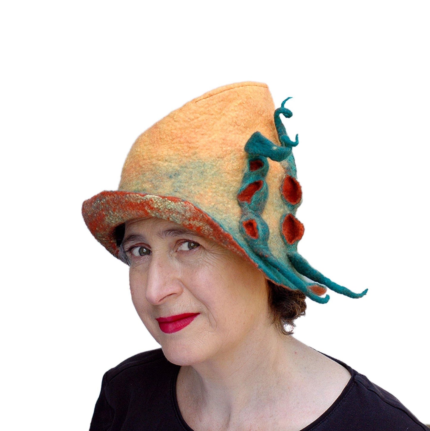 Yellow Fedora with Green Peapods- three quarters view