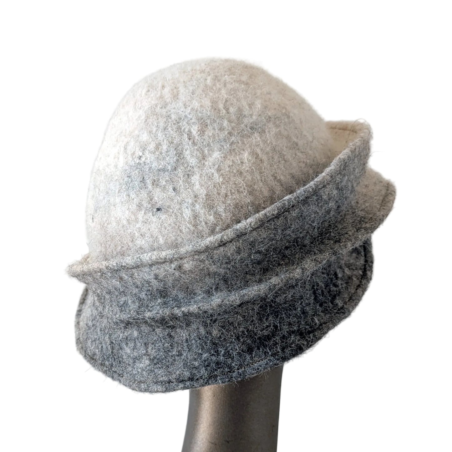 Ombre cream to grey Alpaca Felted Hat with assymetrical brim -backview
