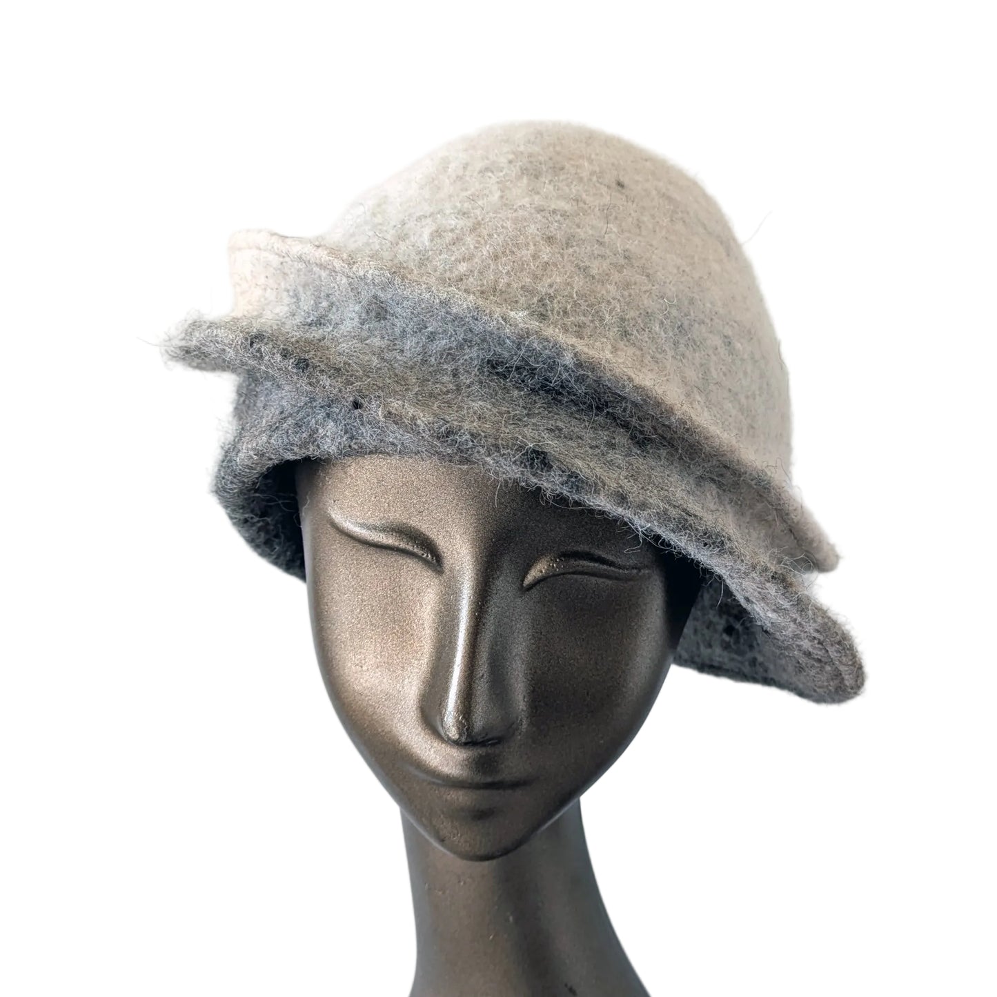 Ombre cream to grey Alpaca Felted Hat with assymetrical brim - front view