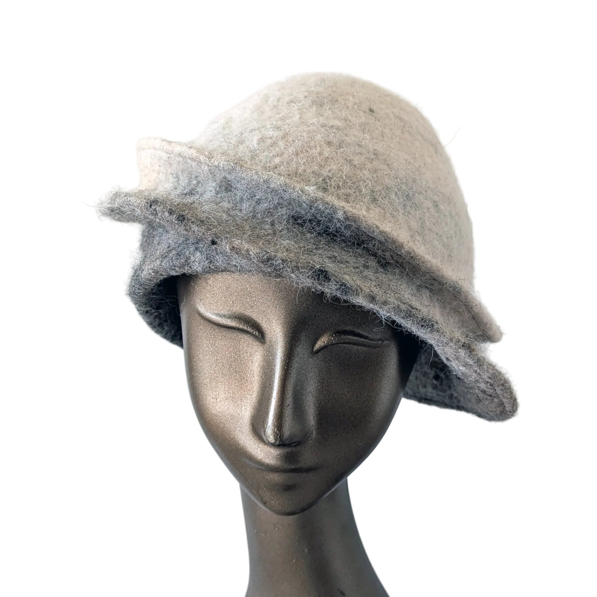 Ombre cream to grey Alpaca Felted Hat with assymetrical brim - front view