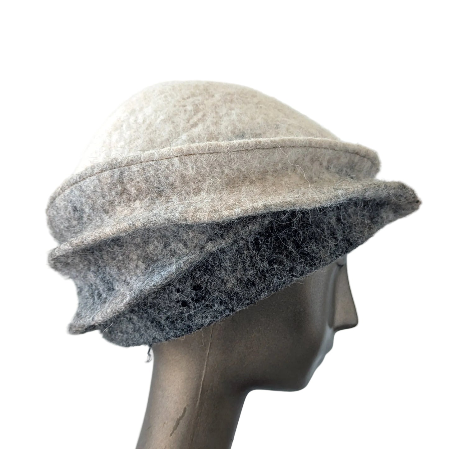 Ombre cream to grey Alpaca Felted Hat with assymetrical brim -side view
