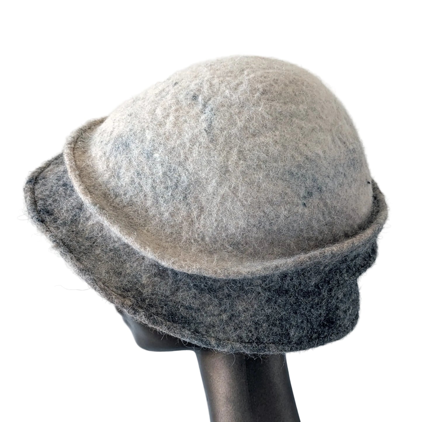 Ombre cream to grey Alpaca Felted Hat with assymetrical brim -side back view