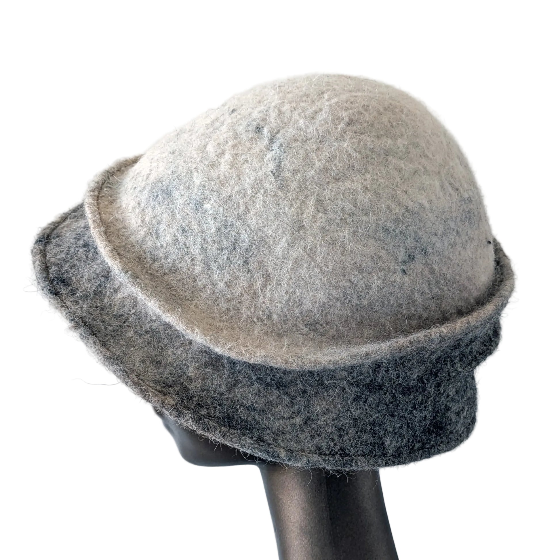 Ombre cream to grey Alpaca Felted Hat with assymetrical brim -side back view