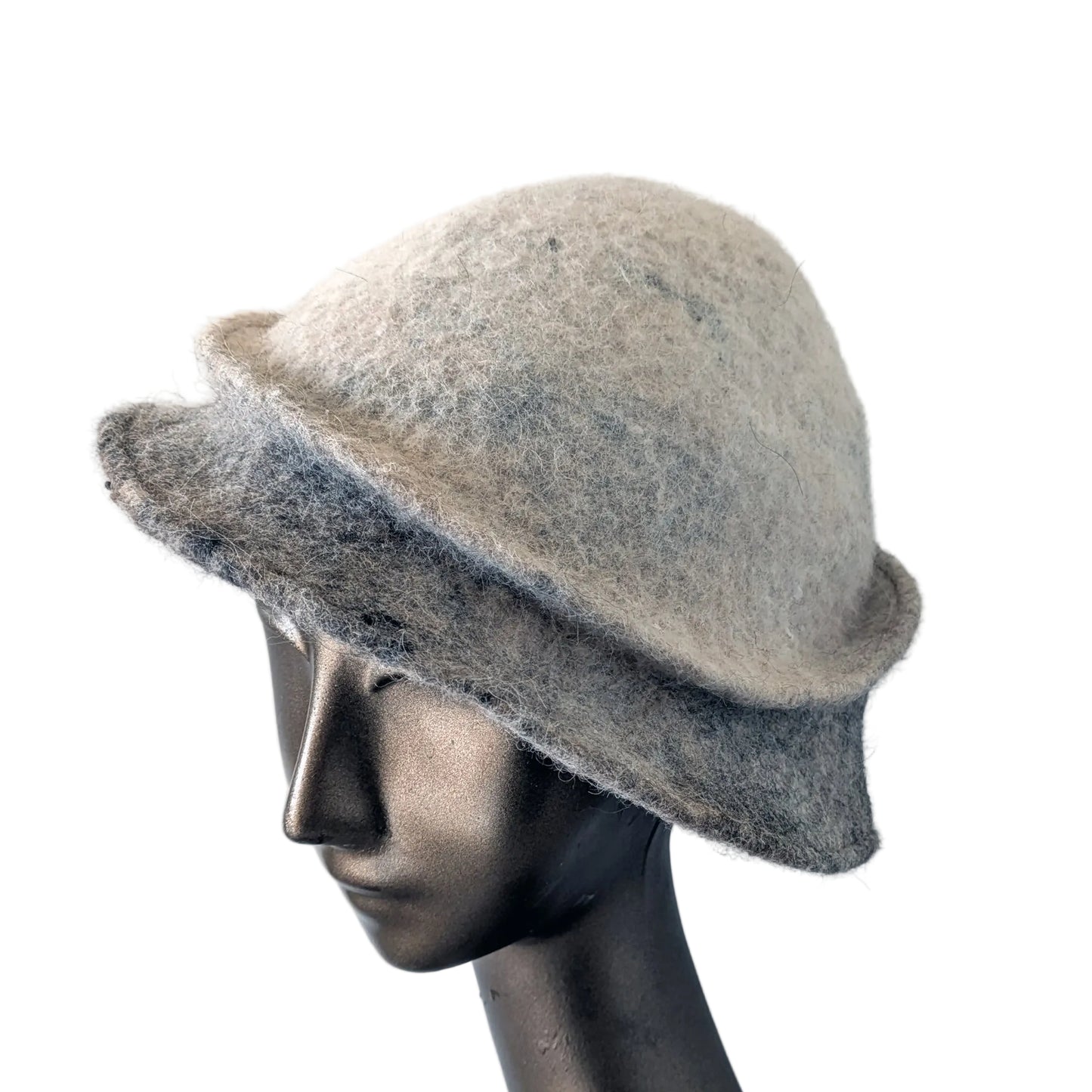 Ombre cream to grey Alpaca Felted Hat with assymetrical brim - threequarters view