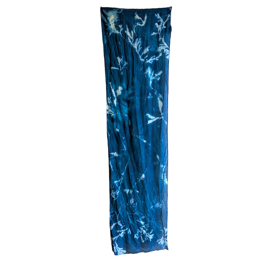 Cyanotype Printed Silk Scarf with Seaweed Imagery Pointing to Tips