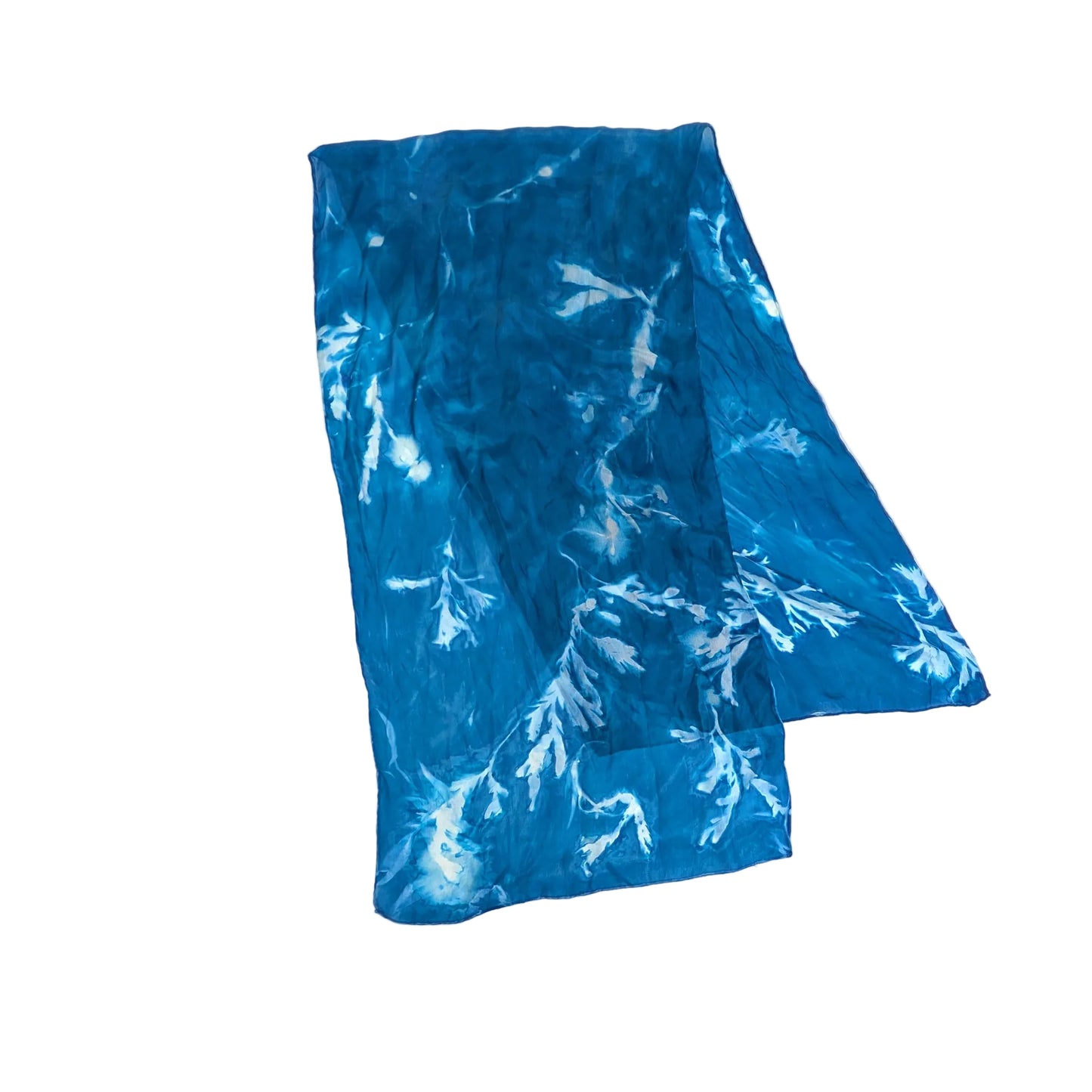 Cyanotype Printed Silk Scarf with Seaweed Imagery Pointing to Tips