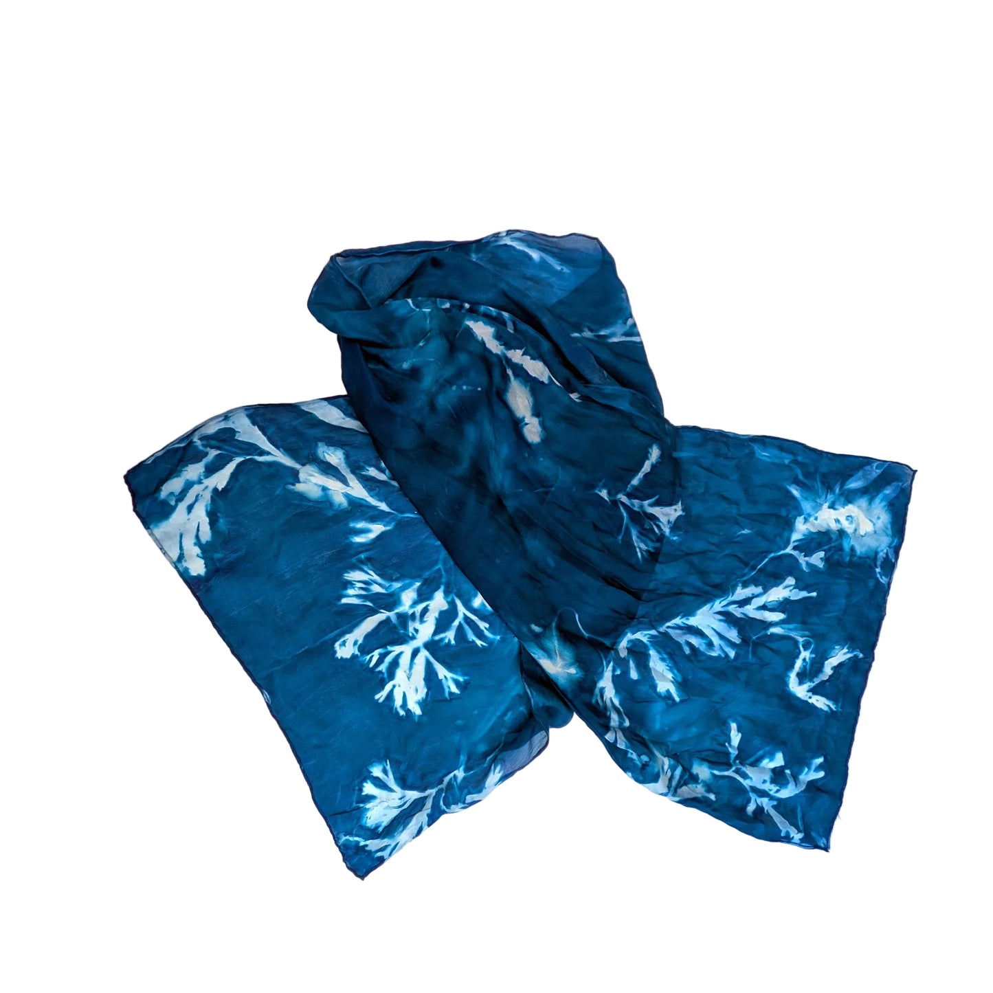 Cyanotype Printed Silk Scarf with Seaweed Imagery Pointing to Tips