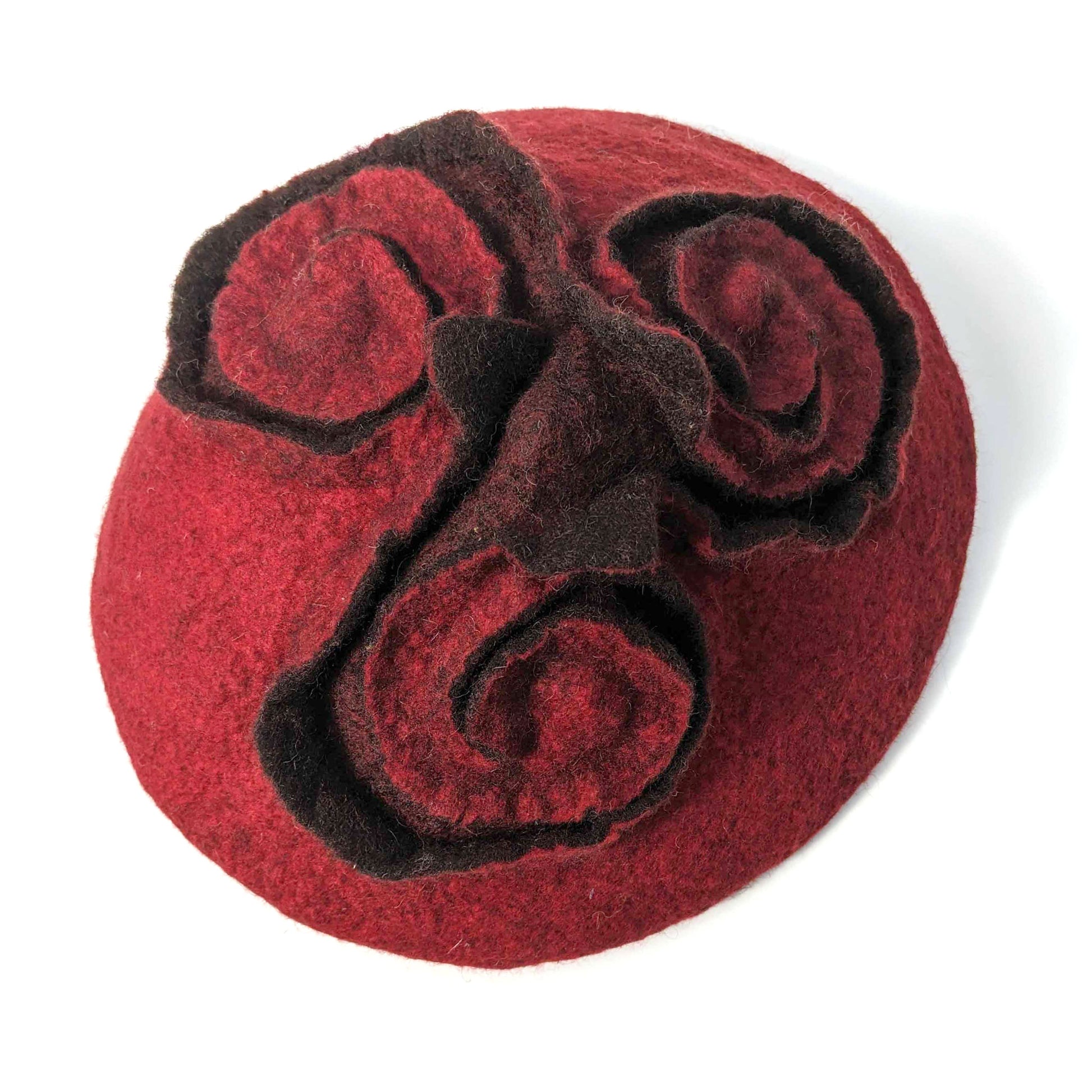 Felted Red Beret with Triskele Motif - top view