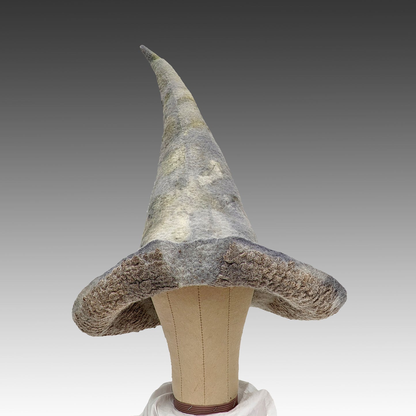 Irish Galway Wool Witch Hat with Grey Ecoprinting - front view