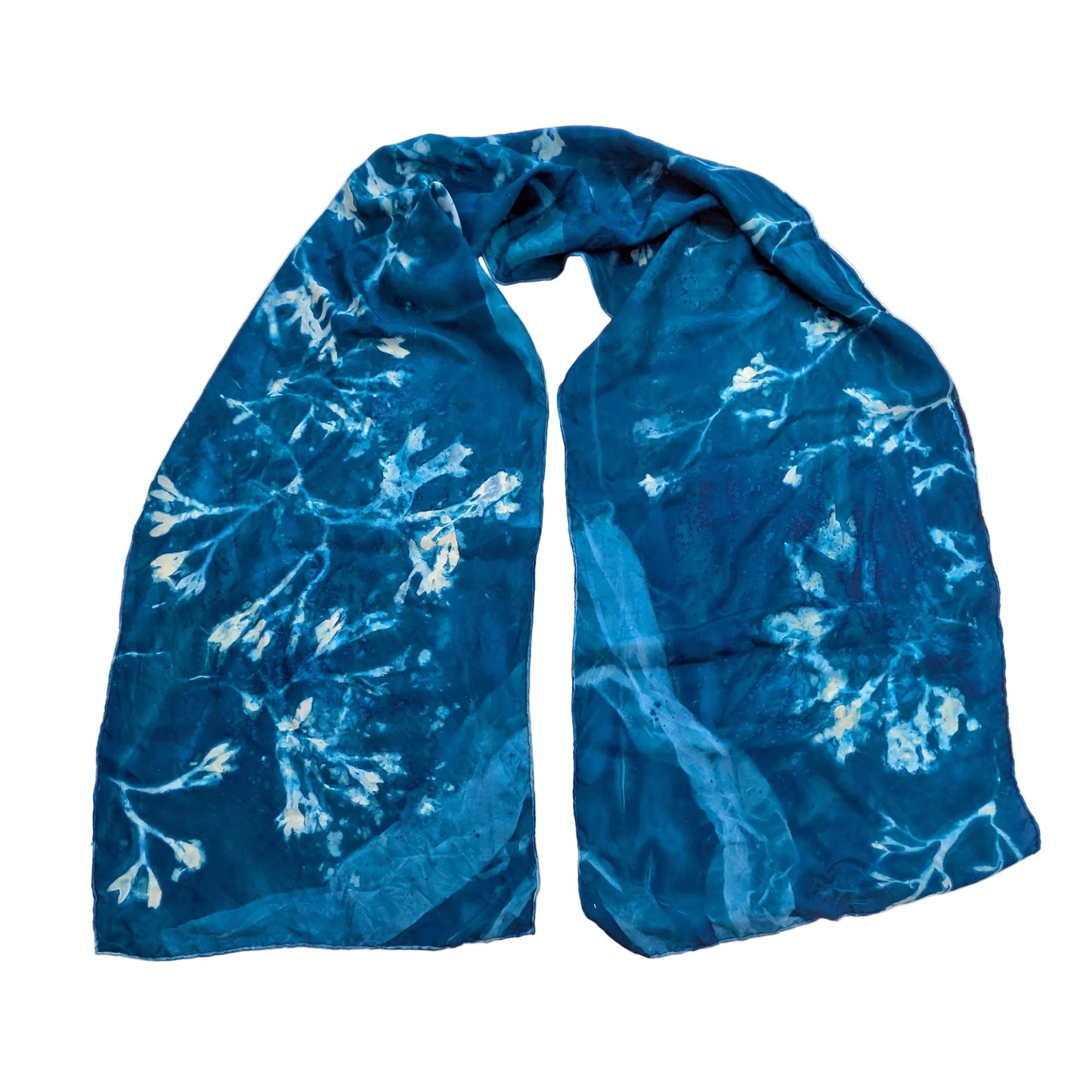 Medium-weight Habotai Silk Scarf with Cyanotype Sunprint -  Bladderwrack Seaweed