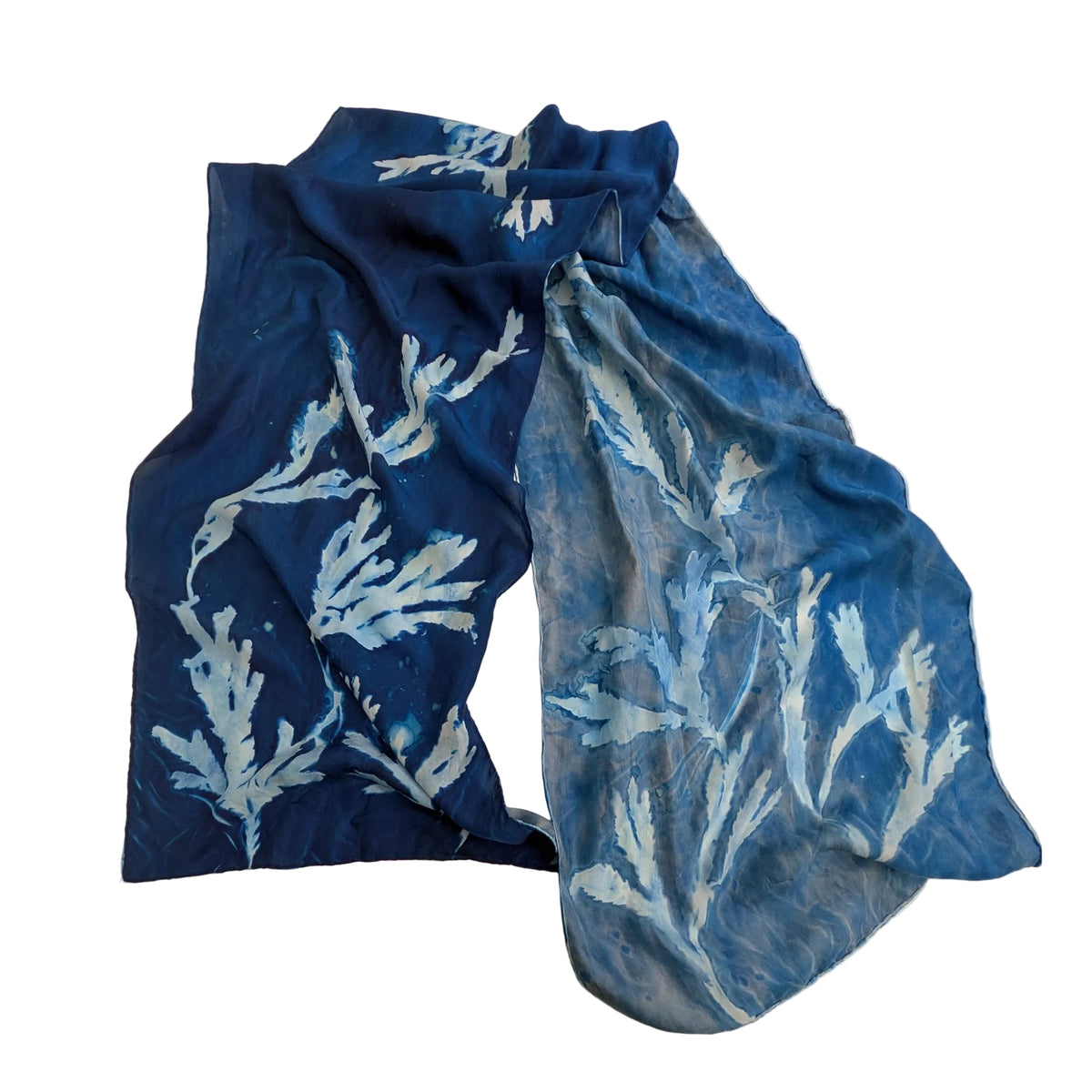 Medium-weight Habotai Silk Scarf with Cyanotype Sunprint - Serrated Wrack Seaweed