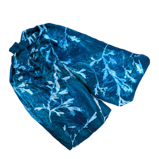 Medium-weight SilkHabotai Scarf with Seaweed Cyanotype Sunprint - Serrated Wrack