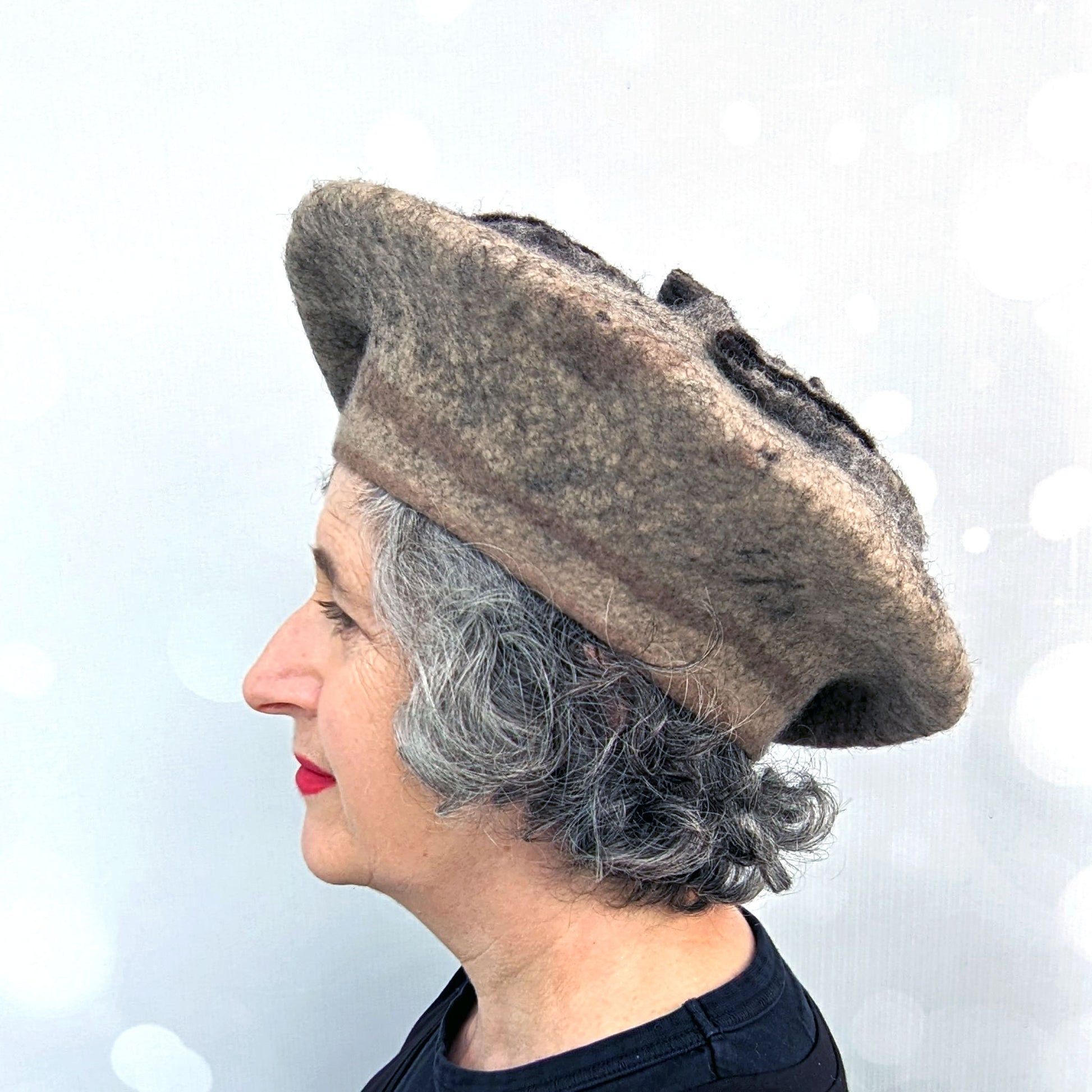 Oatmeal Beret with Triskel Design - side view