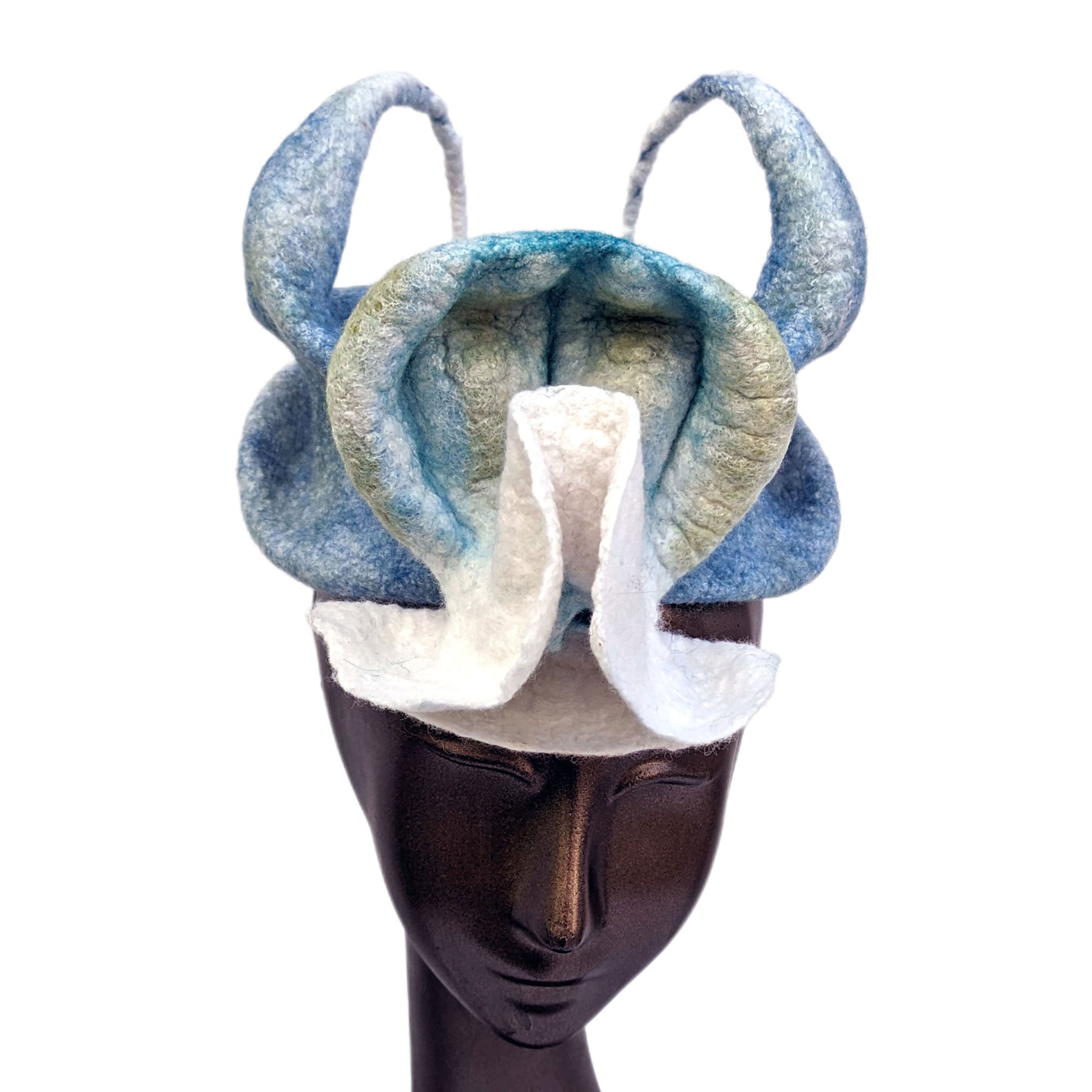 Soft Blue Double Horned Fascinator with Biomorphic Pod - front view