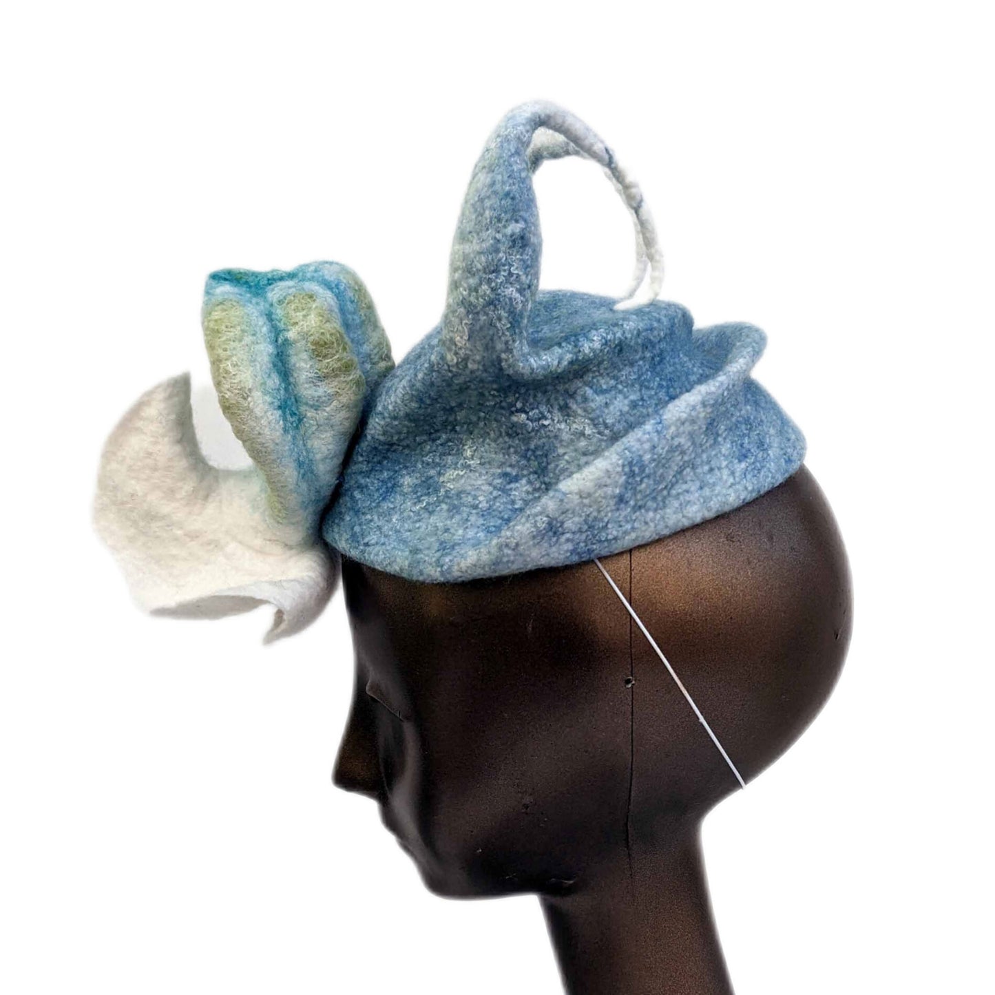 Soft Blue Double Horned Fascinator with Biomorphic Pod - side view