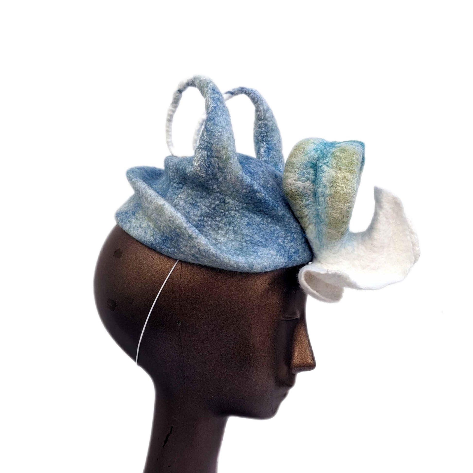 Soft Blue Double Horned Fascinator with Biomorphic Pod - side view