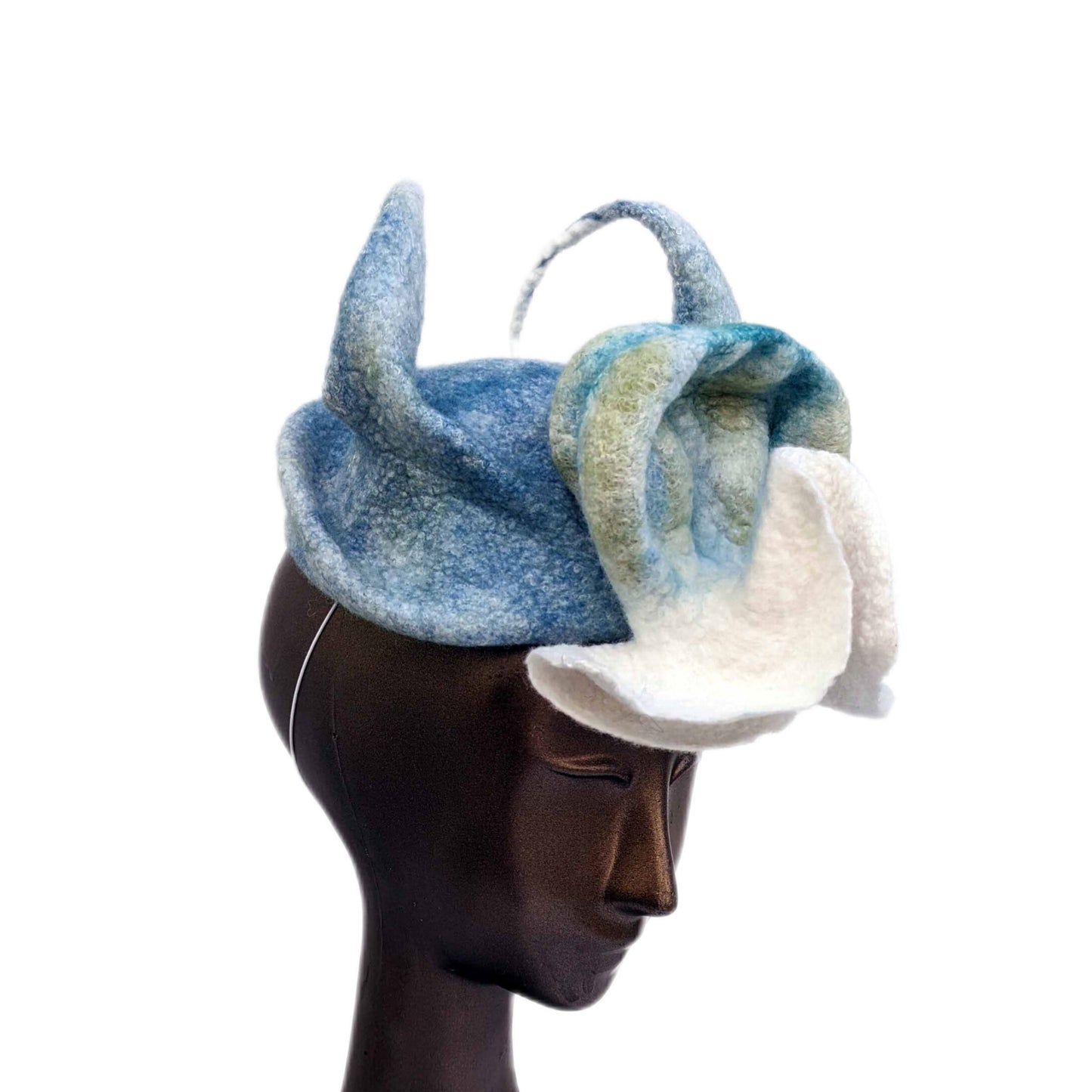 Soft Blue Double Horned Fascinator with Biomorphic Pod - threequarters view