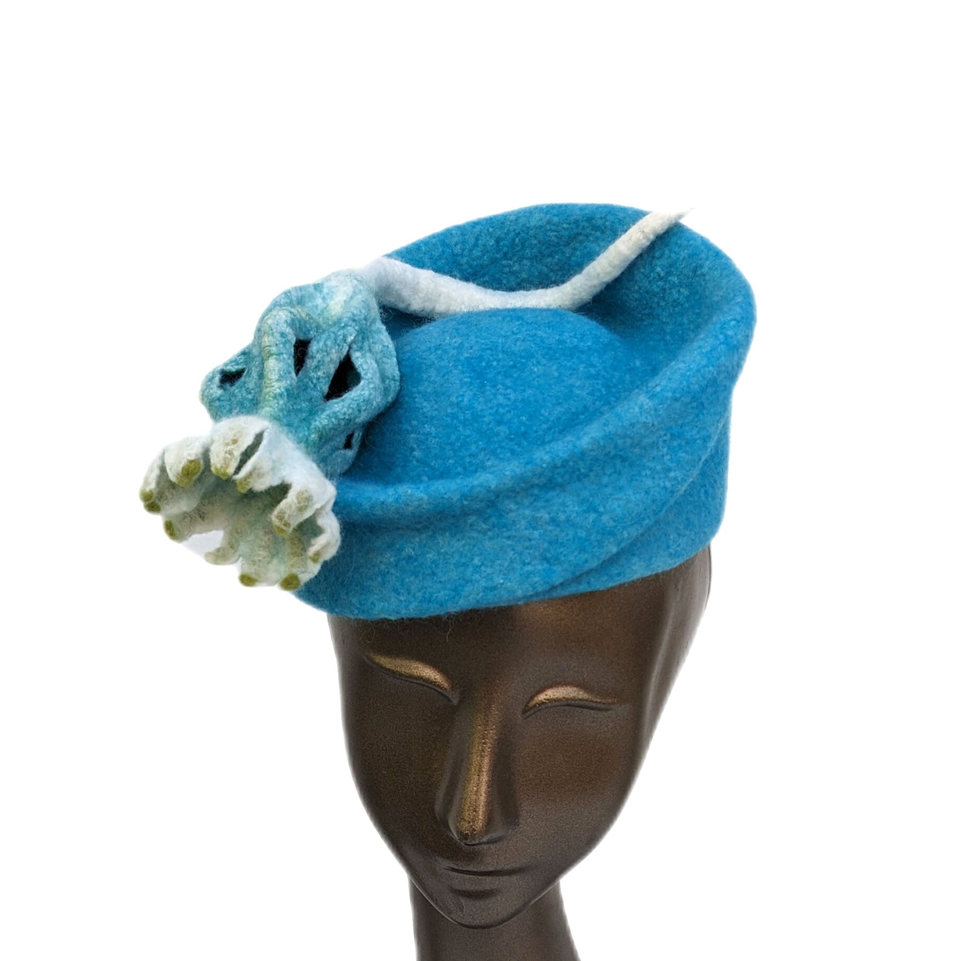 Vareigated Blue Green Fascinator with Felted Floral Pod - Pillbox - frontview