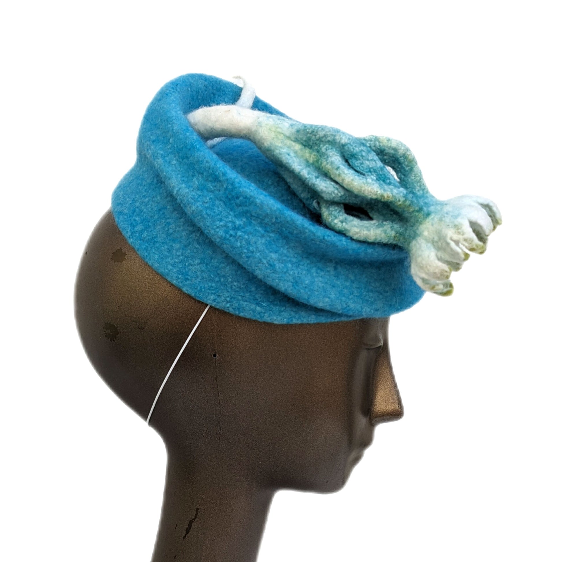 Vareigated Blue Green Fascinator with Felted Floral Pod - Pillbox - sideview