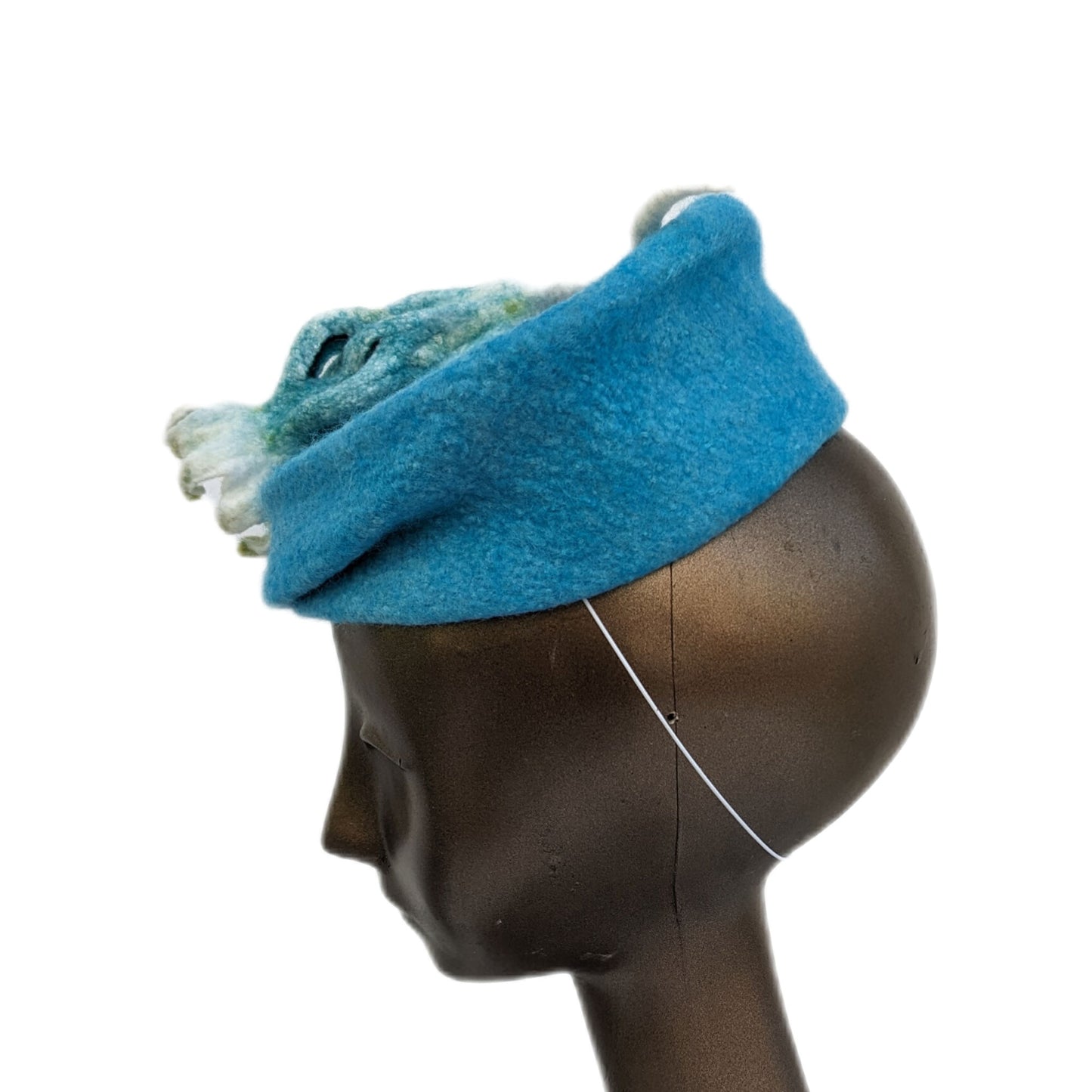 Vareigated Blue Green Fascinator with Felted Floral Pod - Pillbox - side
view