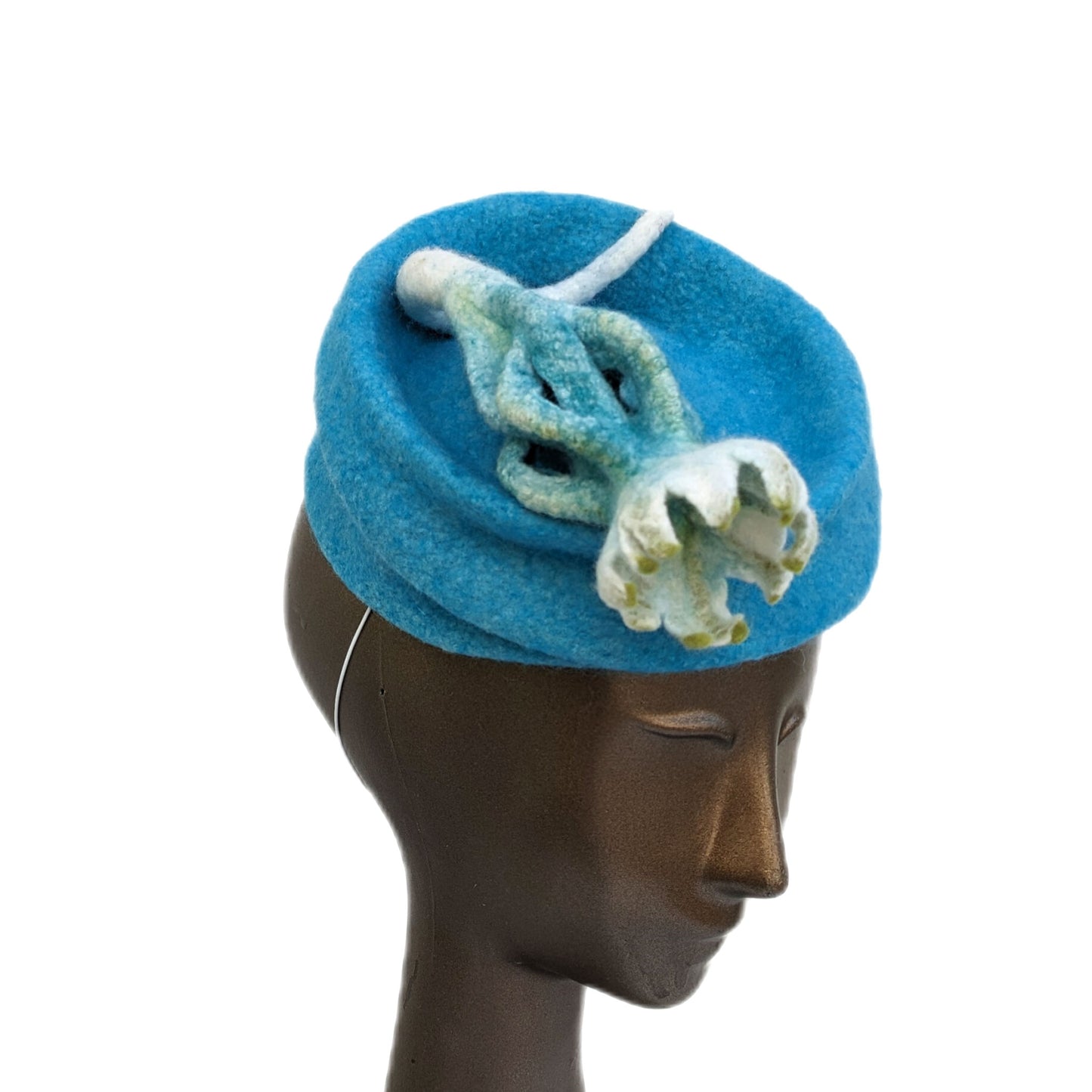 Vareigated Blue Green Fascinator with Felted Floral Pod - Pillbox - threequartersview