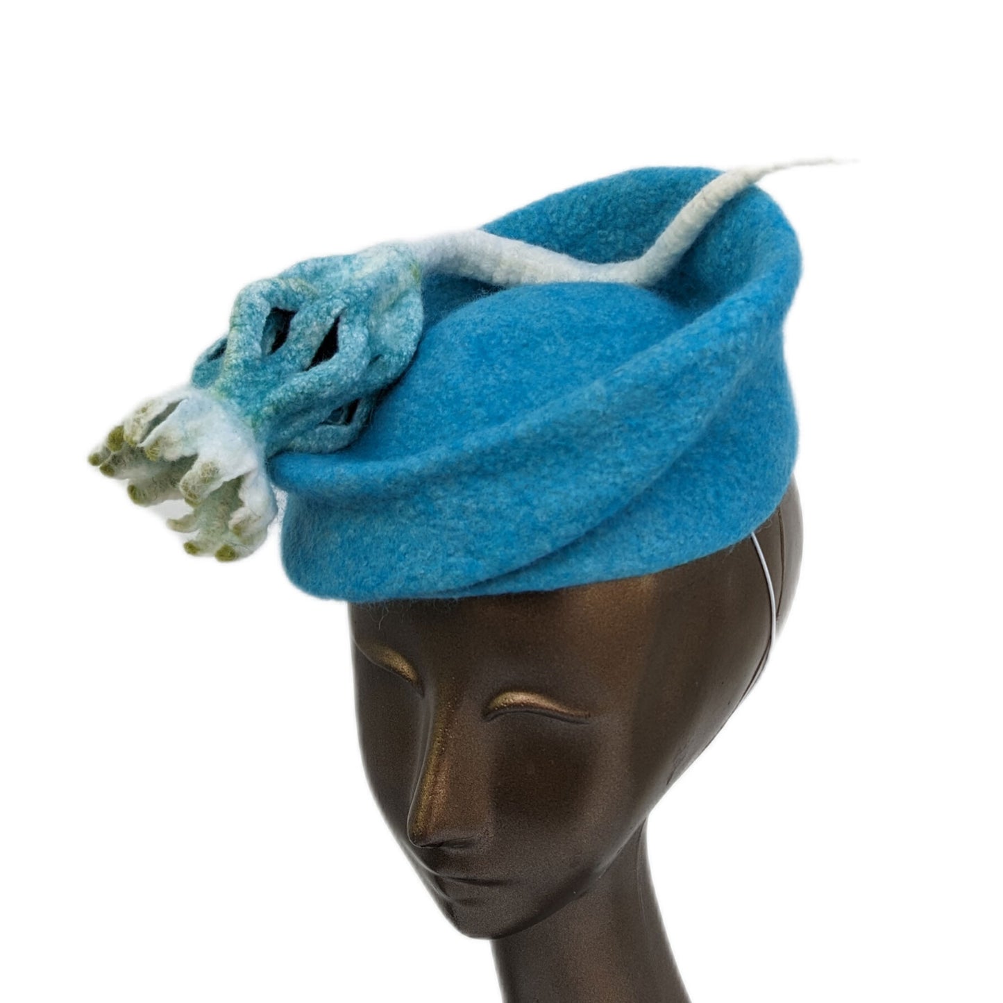 Vareigated Blue Green Fascinator with Felted Floral Pod - Pillbox - threequartersview