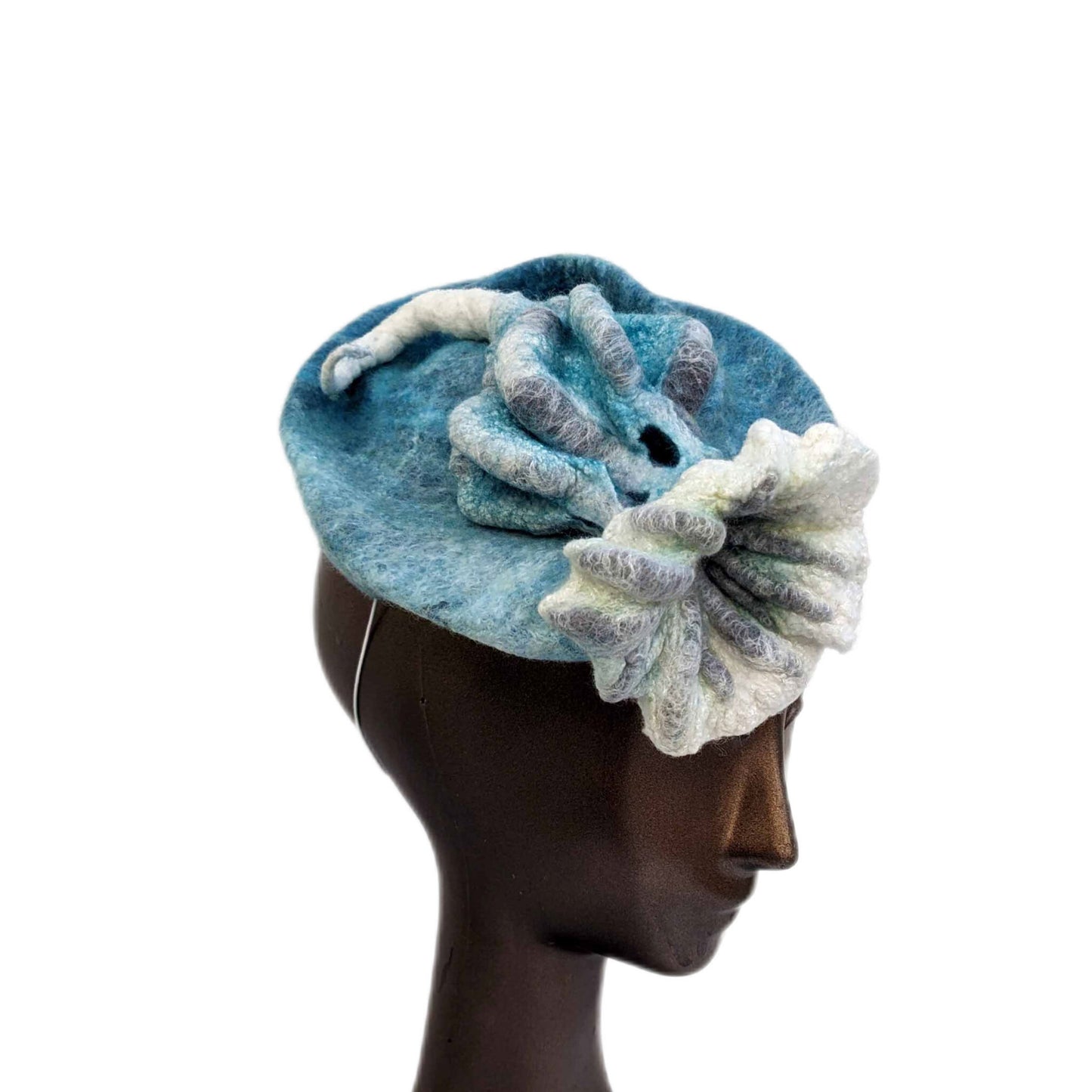 Variegated Blue Green Fascinator with Felted Floral Pod - side view