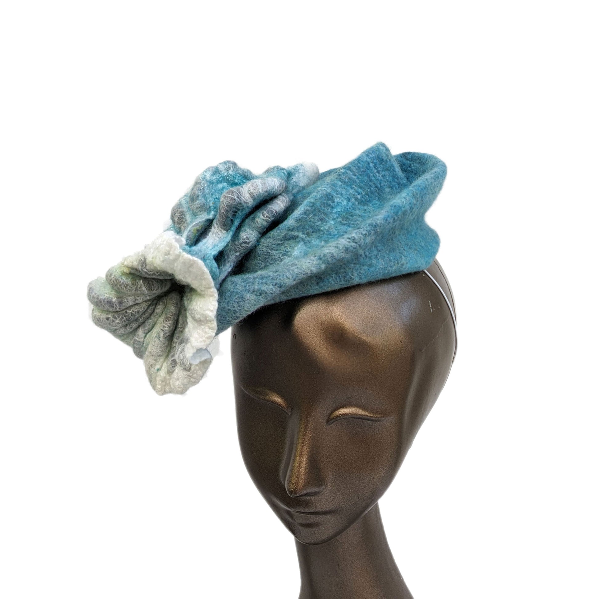 Variegated Blue Green Fascinator with Felted Floral Pod  - front view
