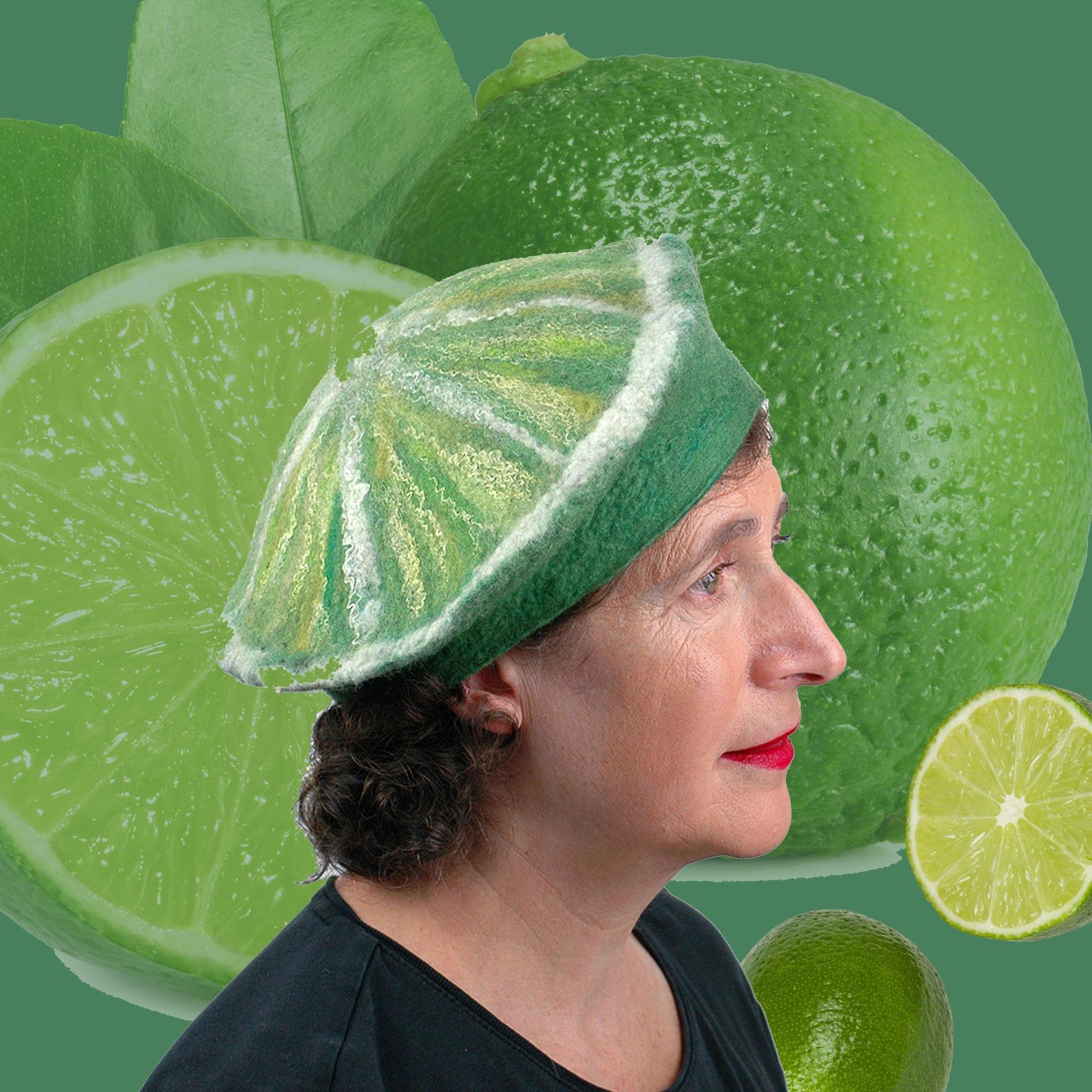 Slice of Lime Felted Beret Hat with collage of limes behind.